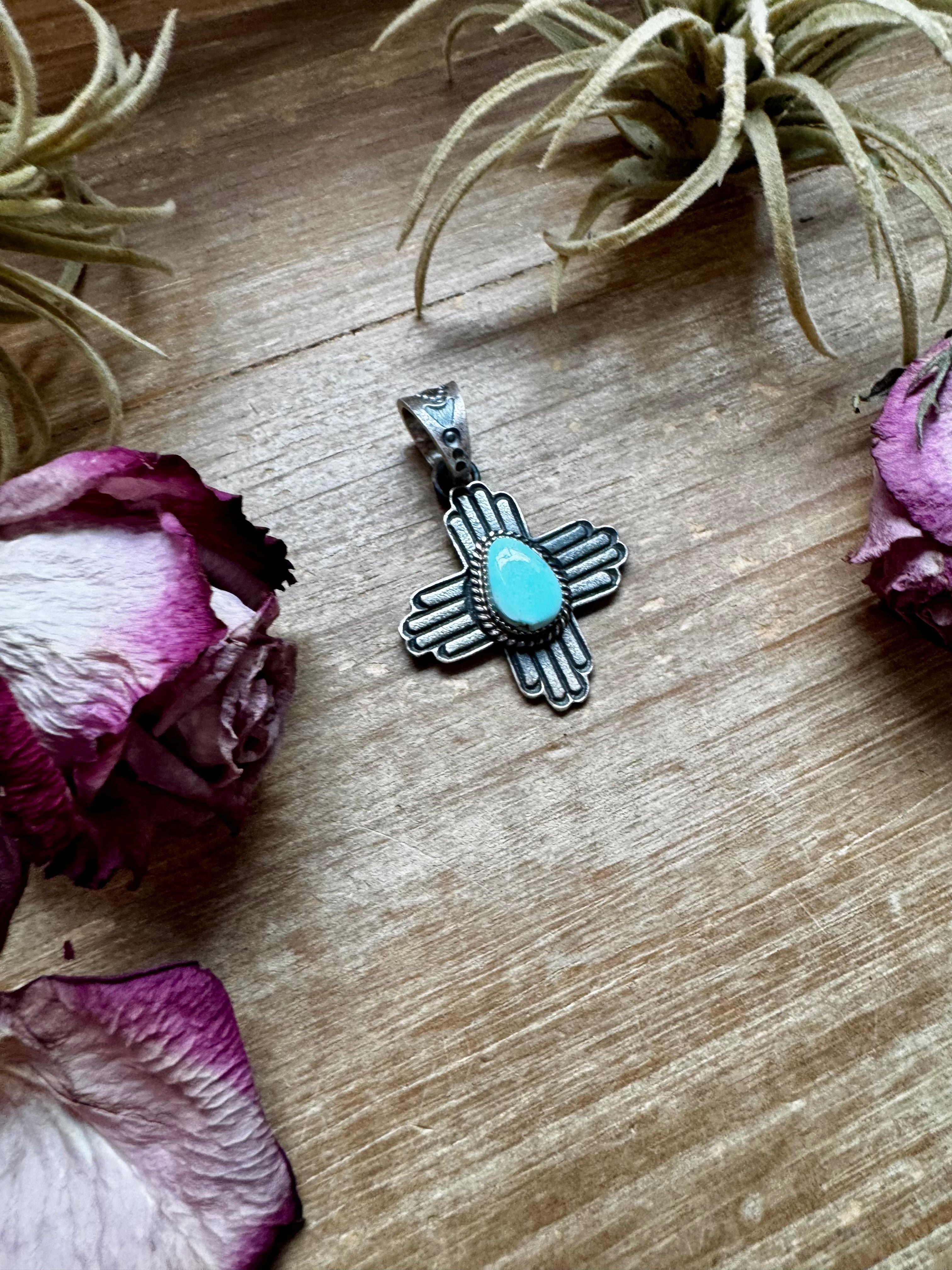 Zia Symbol Pendant with Golden Hill Turquoise – Sterling Silver – Native Made by K. Billah – Fits 8mm
