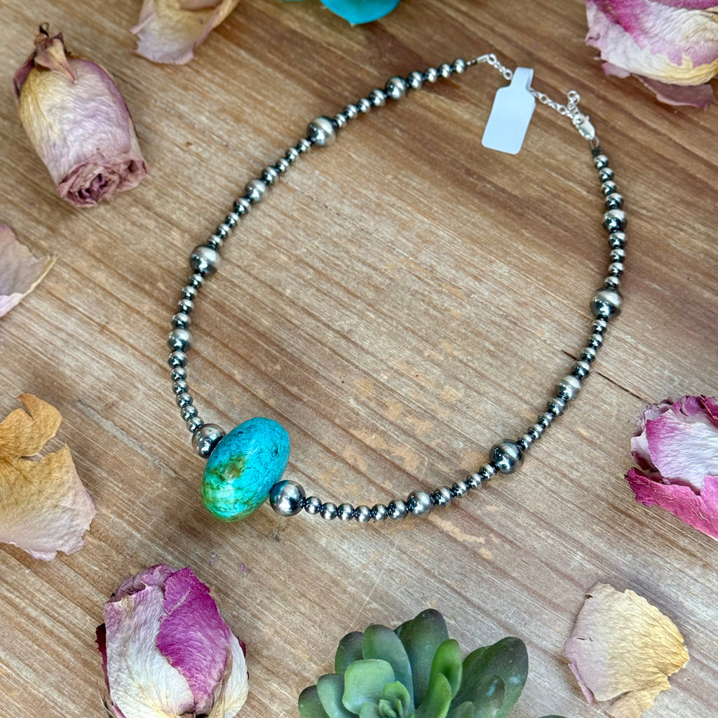 16” Turquoise Statement Necklace – Sterling Silver Pearls