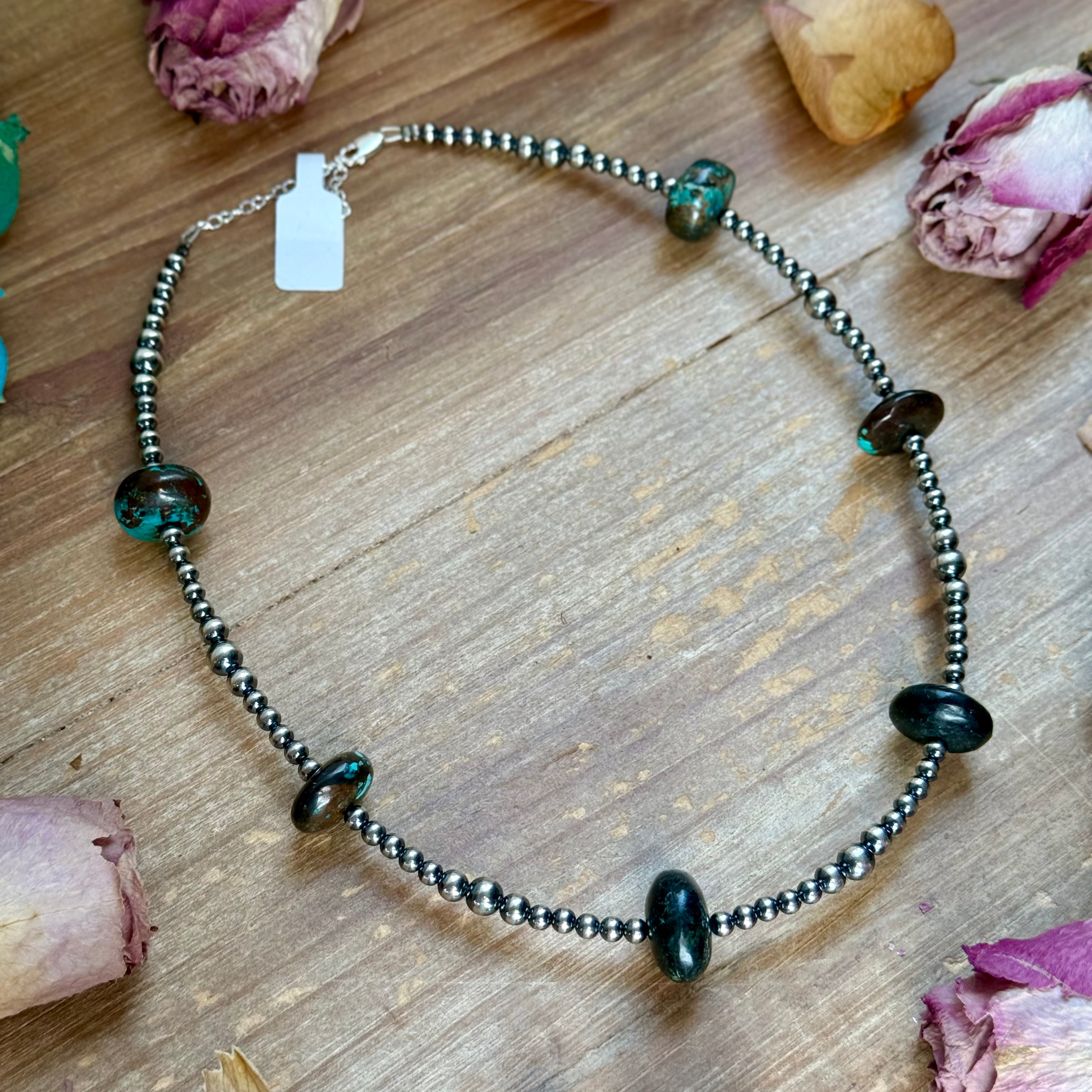 17.5” Turquoise Rondelle Necklace – Sterling Silver Pearls