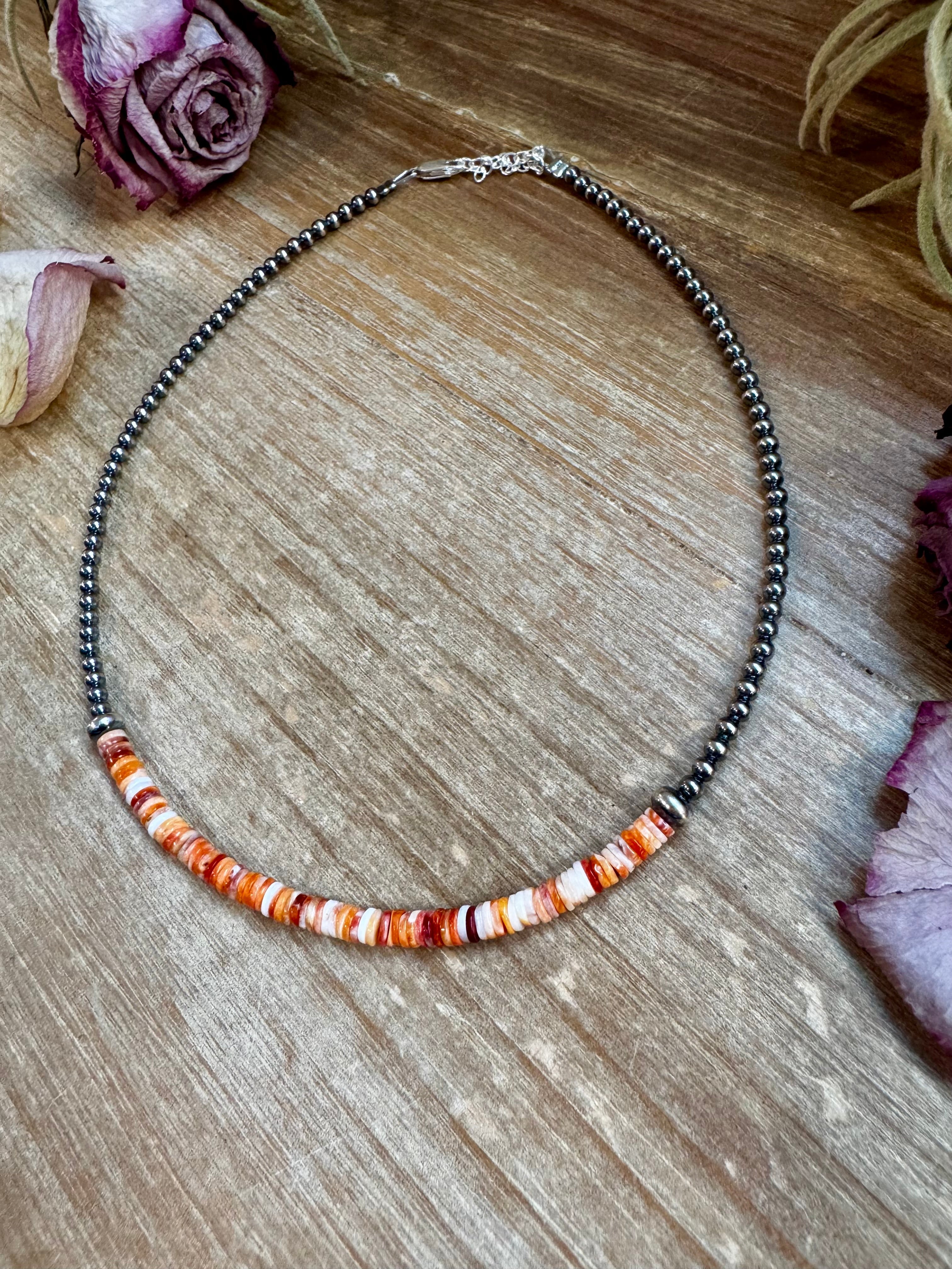 Spiny Oyster Heishi & Sterling Silver Pearl Choker