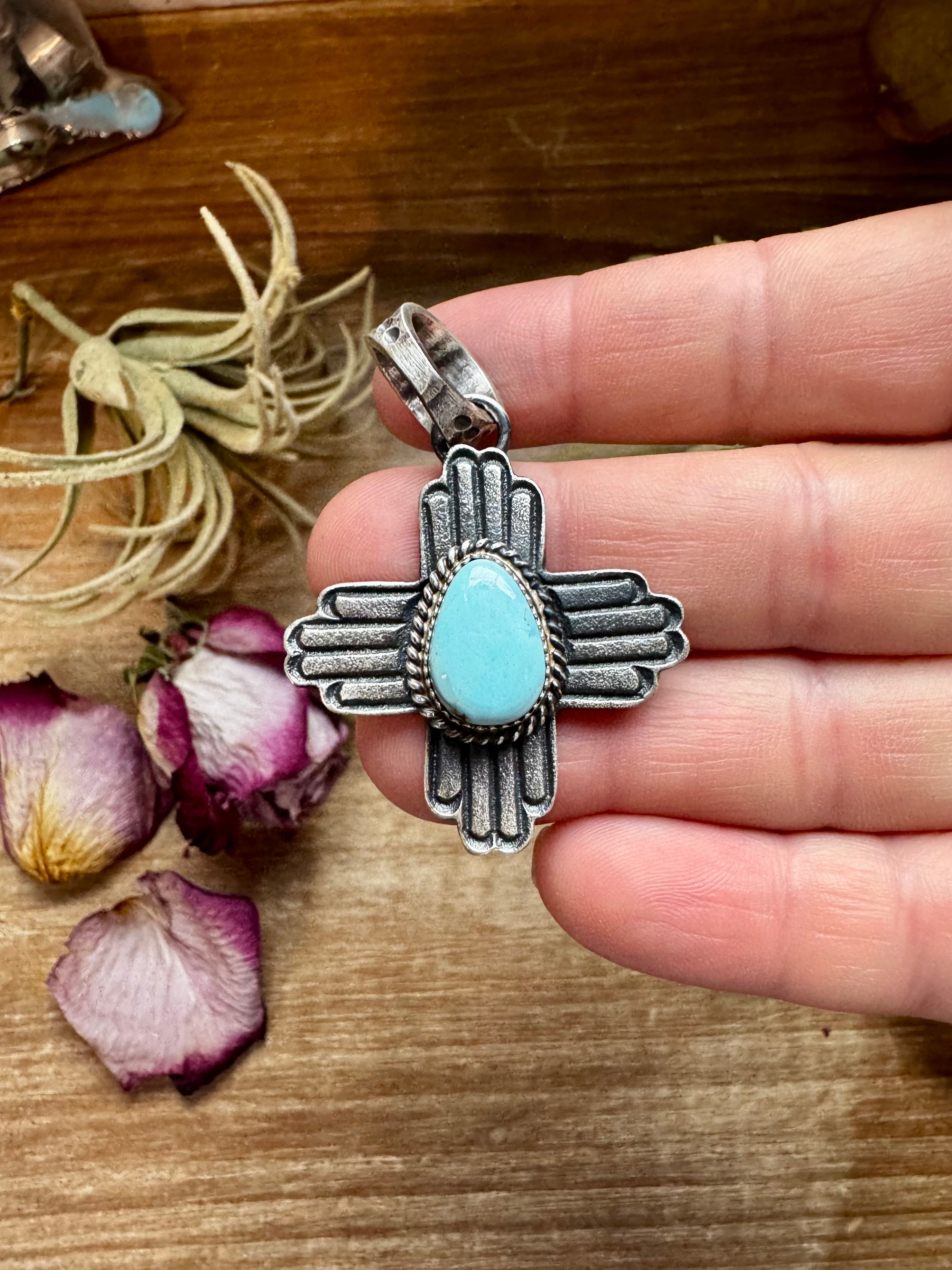 Zia Symbol Pendant with Golden Hill Turquoise – Sterling Silver – Native Made by K. Billah – Fits 8mm