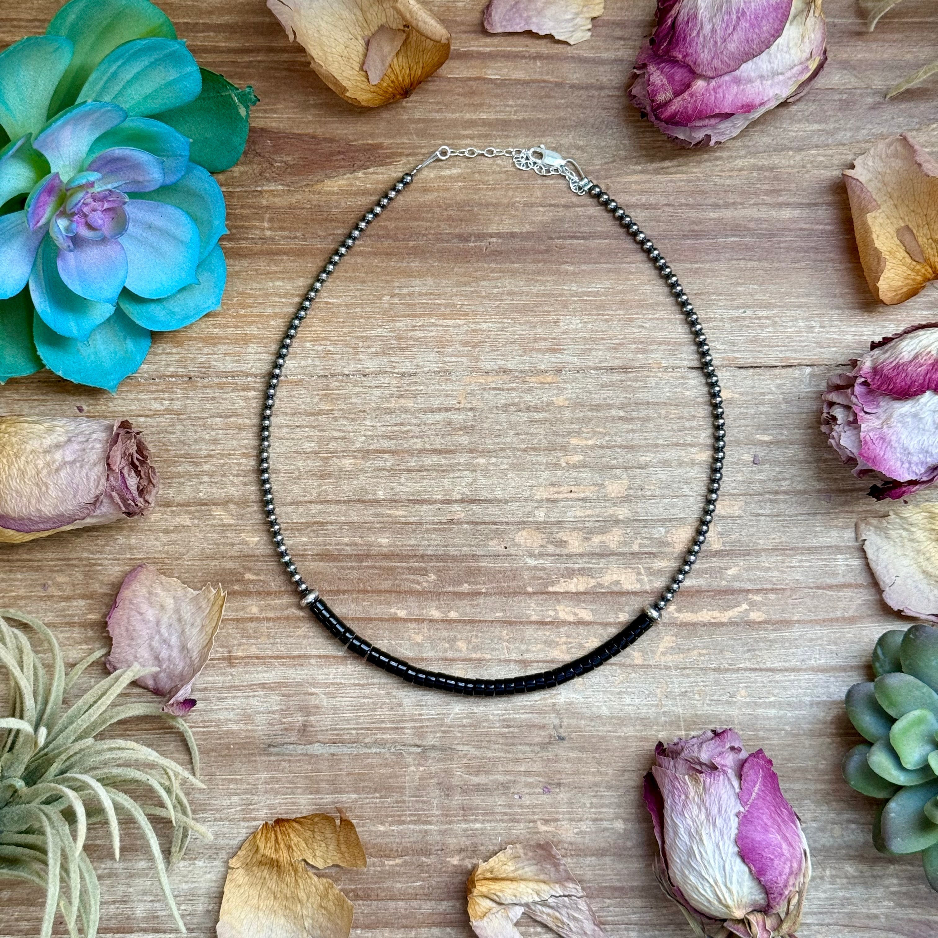 14” Black Onyx Heishi Necklace – Sterling Silver Pearls & Saucers