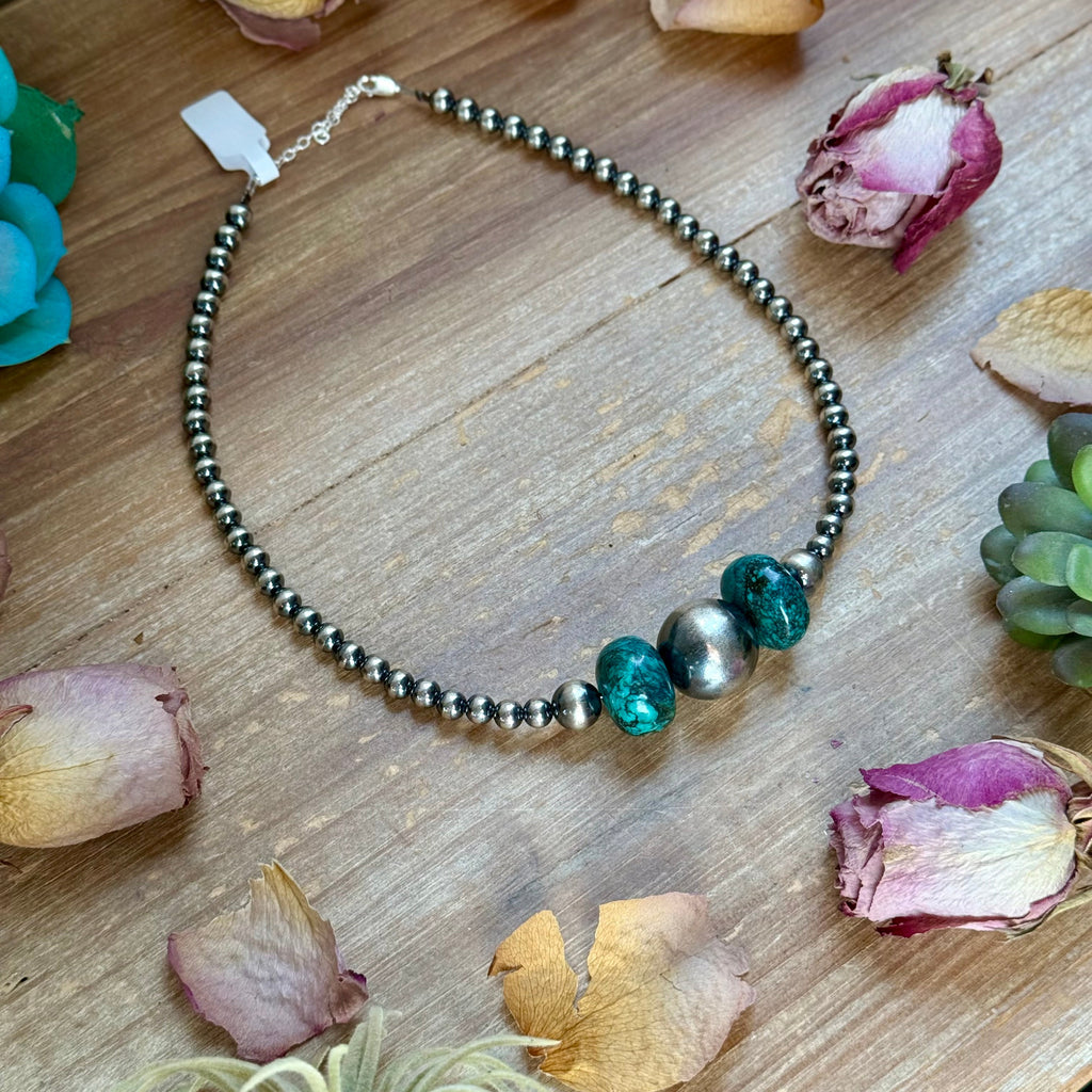 16.5” Turquoise Necklace – Sterling Silver Pearls