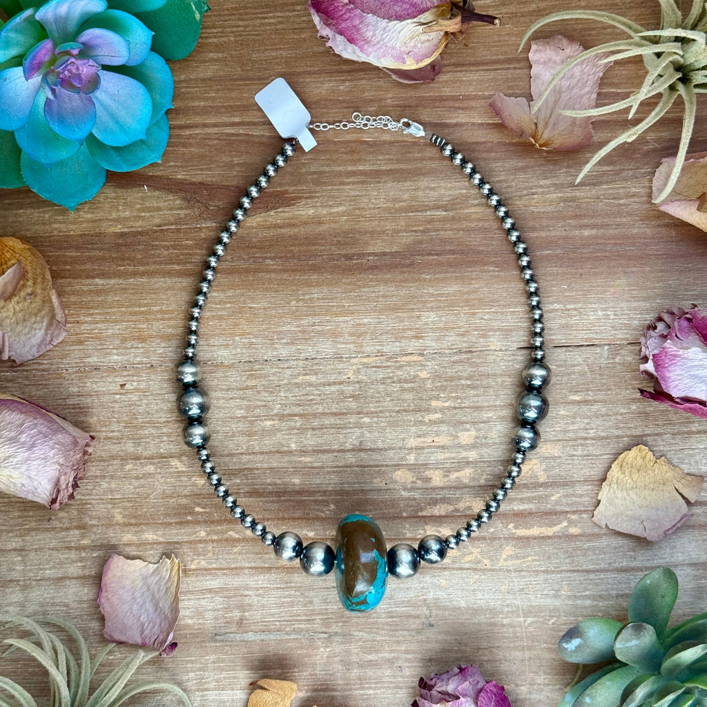 15.5” Turquoise Statement Necklace – Graduated Sterling Silver Pearls