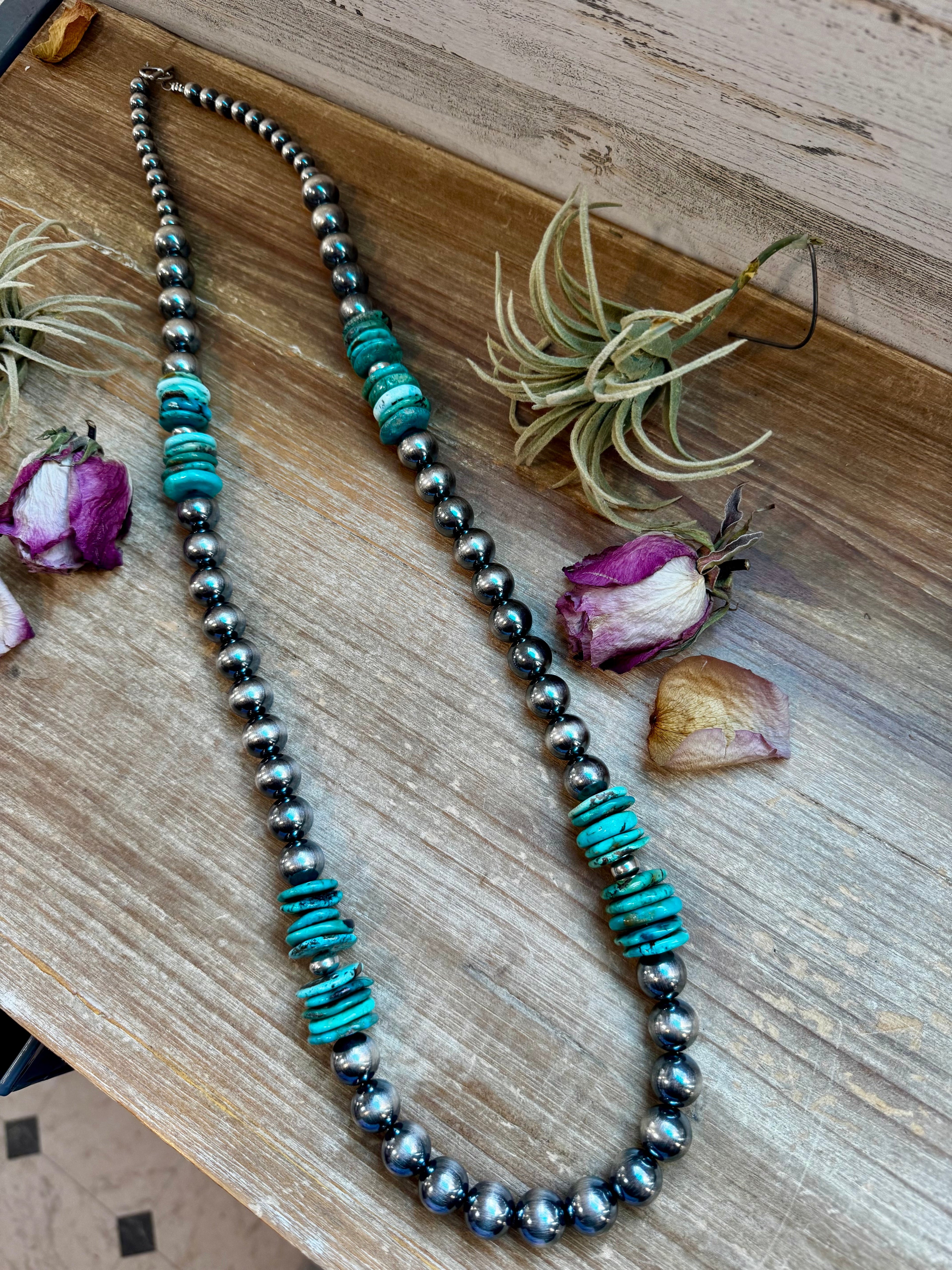 NFR Collection Necklace – 8mm, 10mm & 14mm Sterling Silver Pearls with Turquoise – Handmade by The Bijoux FAB – 37"