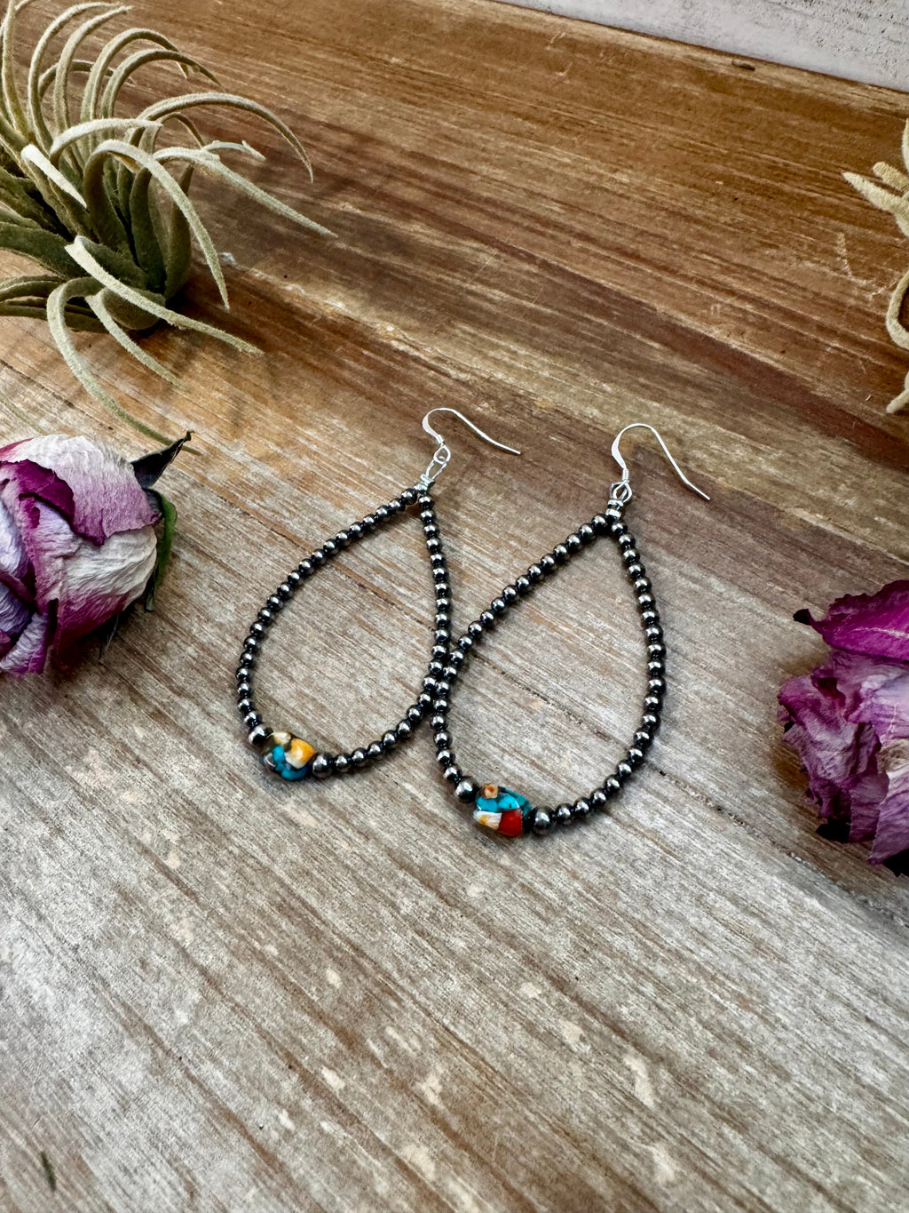 Mixed Turquoise & Spiny Oyster Teardrop Earrings – Sterling Silver Pearls