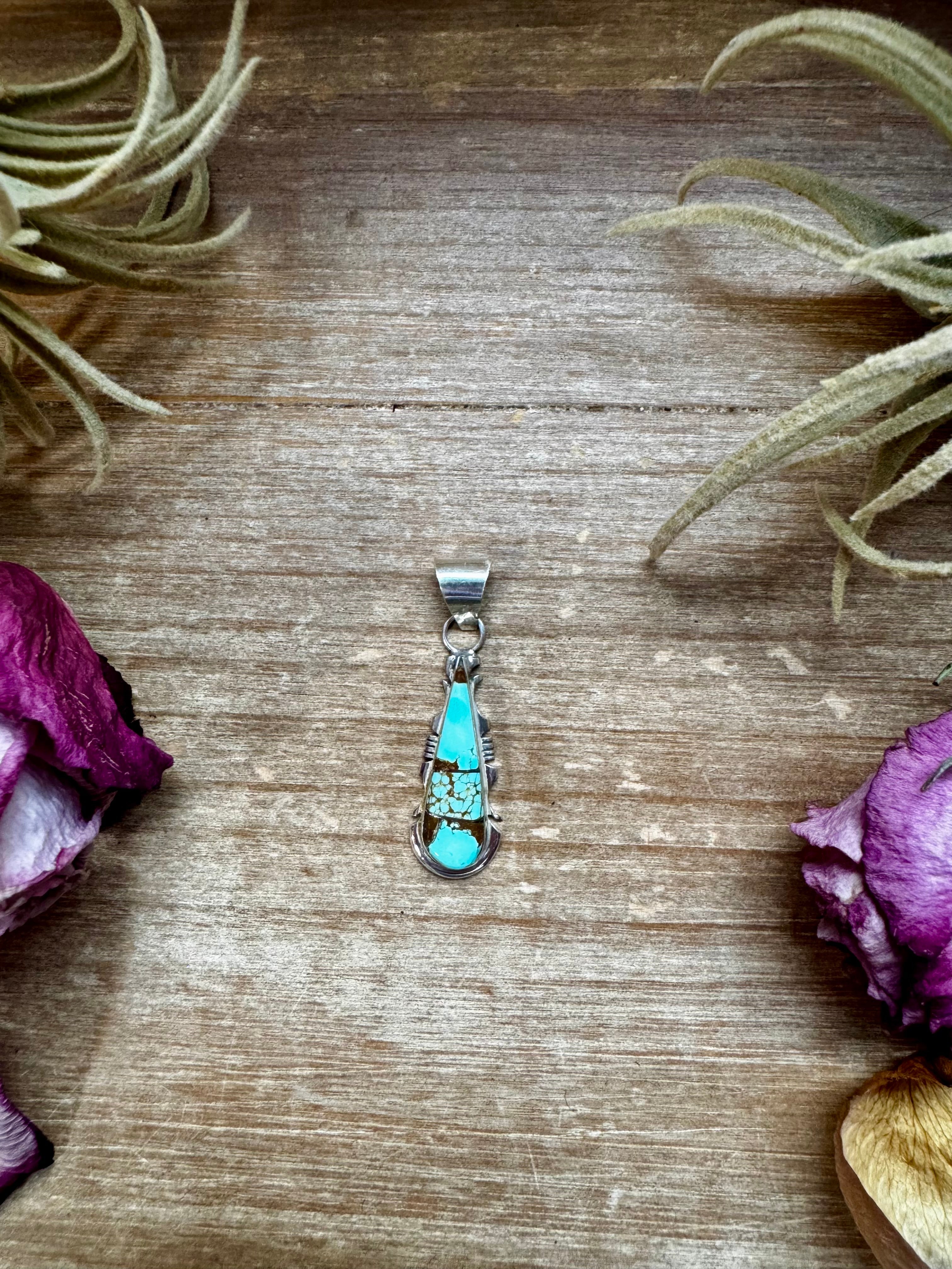 Teardrop Pendant with Kingman Turquoise – Sterling Silver – Native Made by SF – Fits 5mm