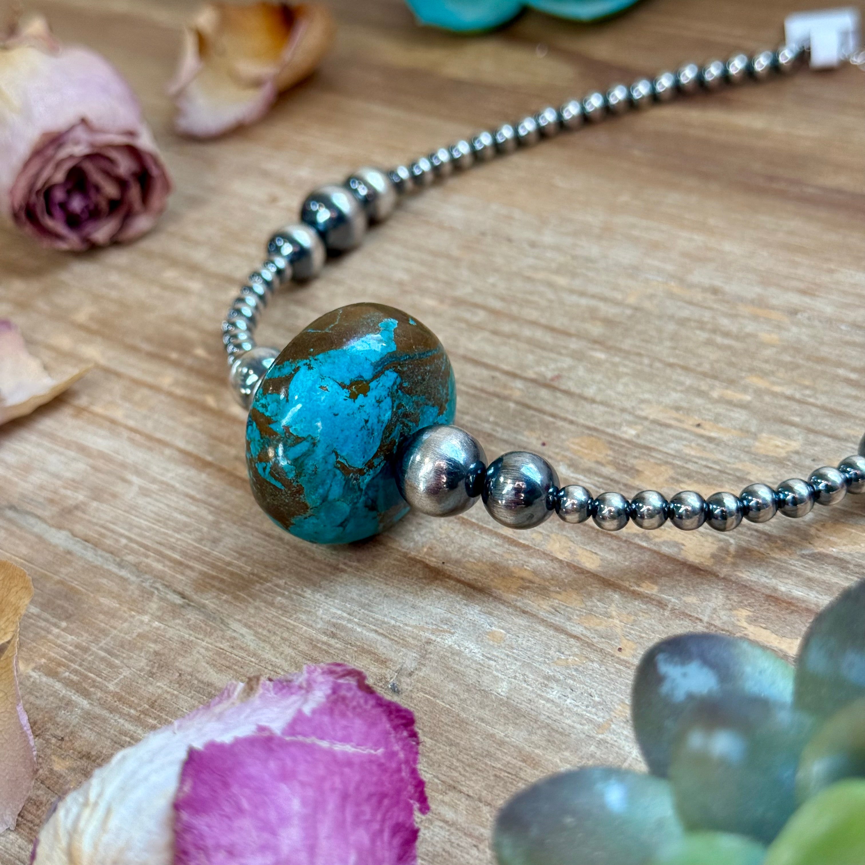 15.5” Turquoise Statement Necklace – Graduated Sterling Silver Pearls