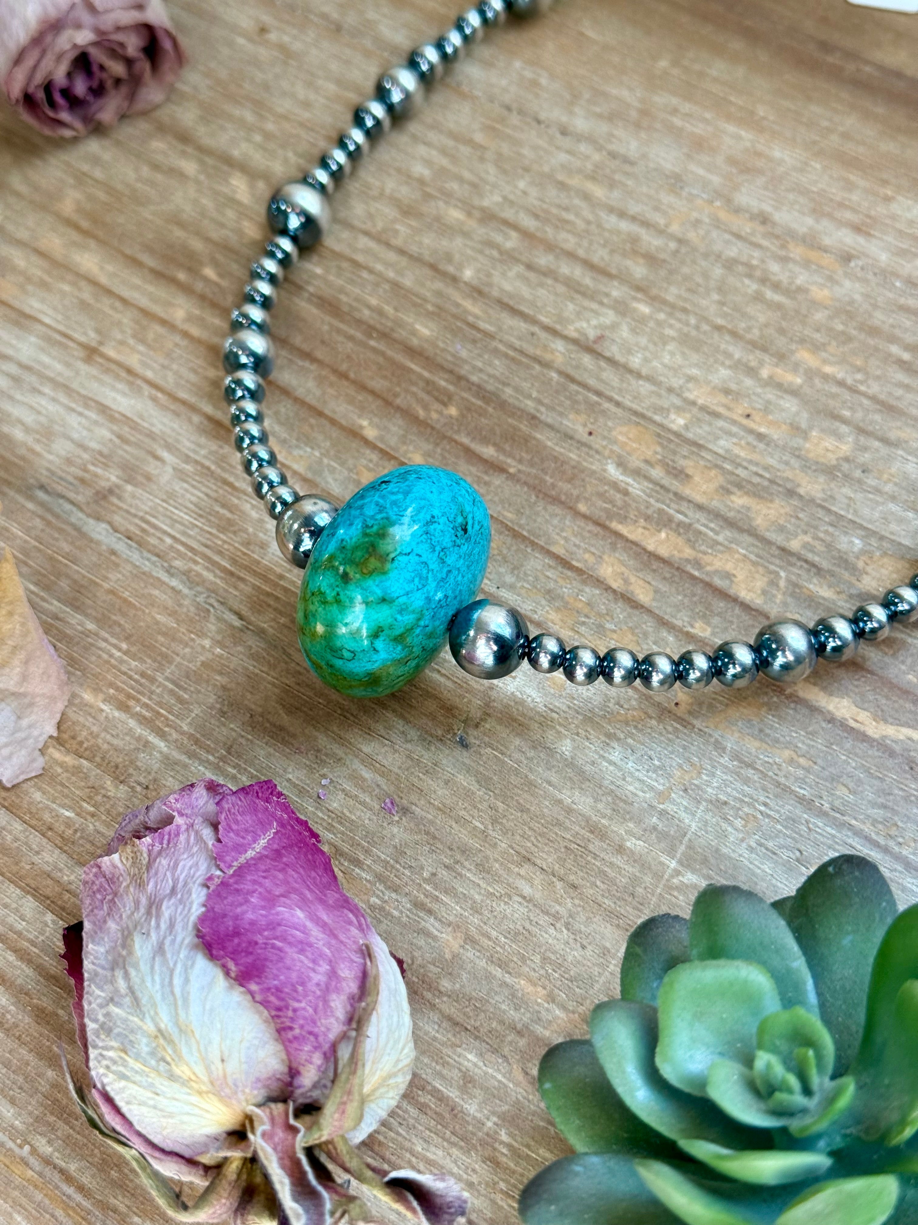 16” Turquoise Statement Necklace – Sterling Silver Pearls