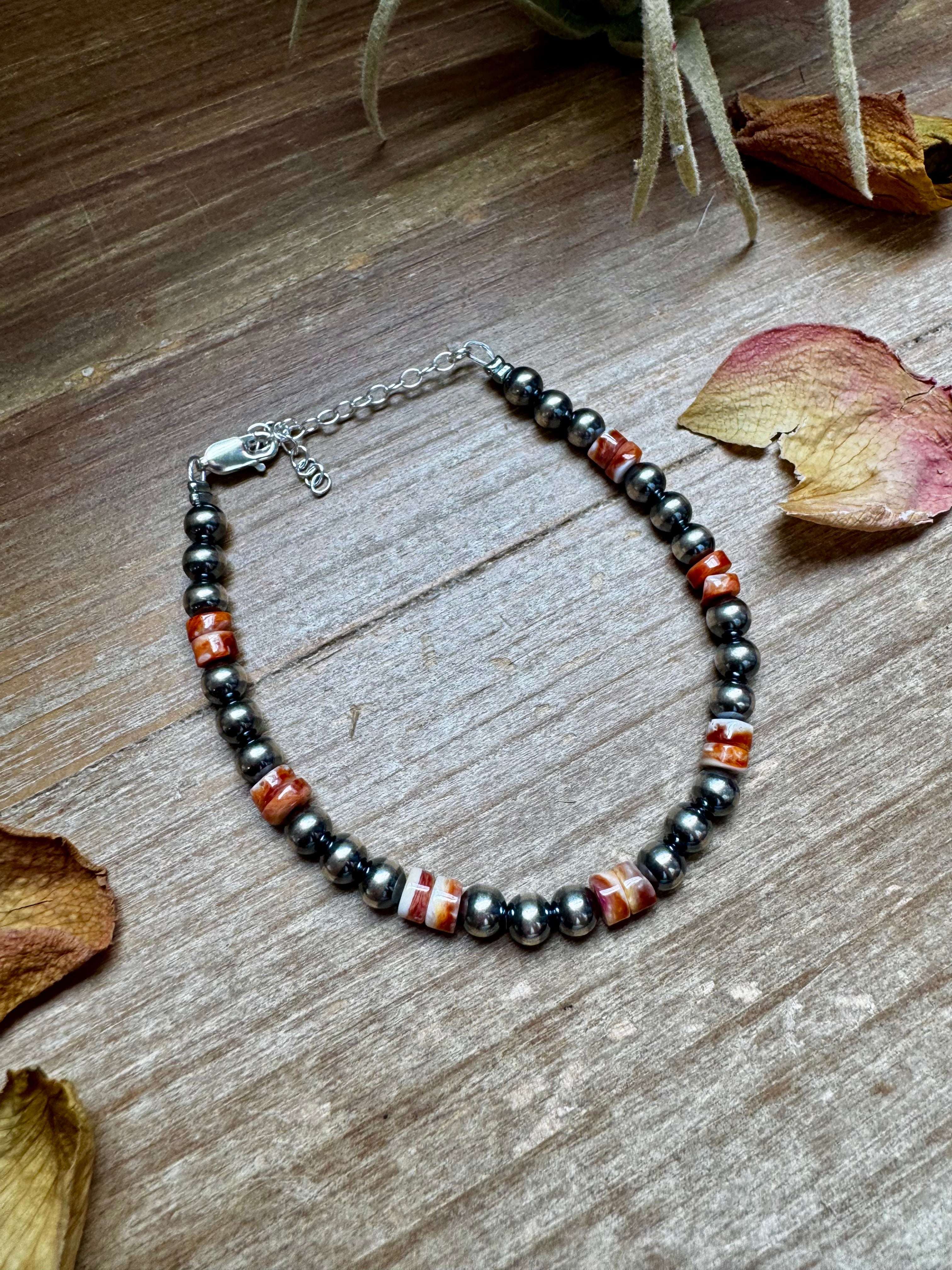 Sterling Silver Pearl Bracelet with Red-Orange Spiny Oyster Heishi