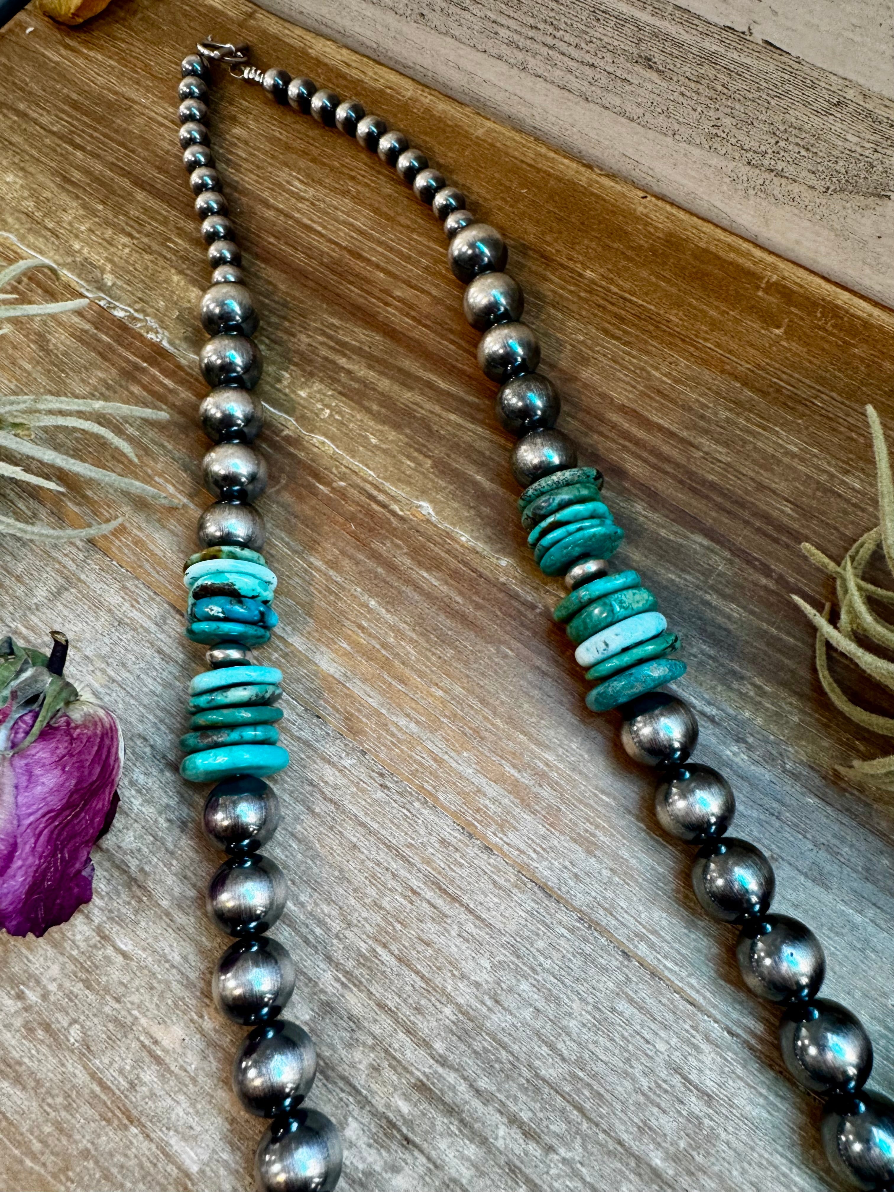 NFR Collection Necklace – 8mm, 10mm & 14mm Sterling Silver Pearls with Turquoise – Handmade by The Bijoux FAB – 37"