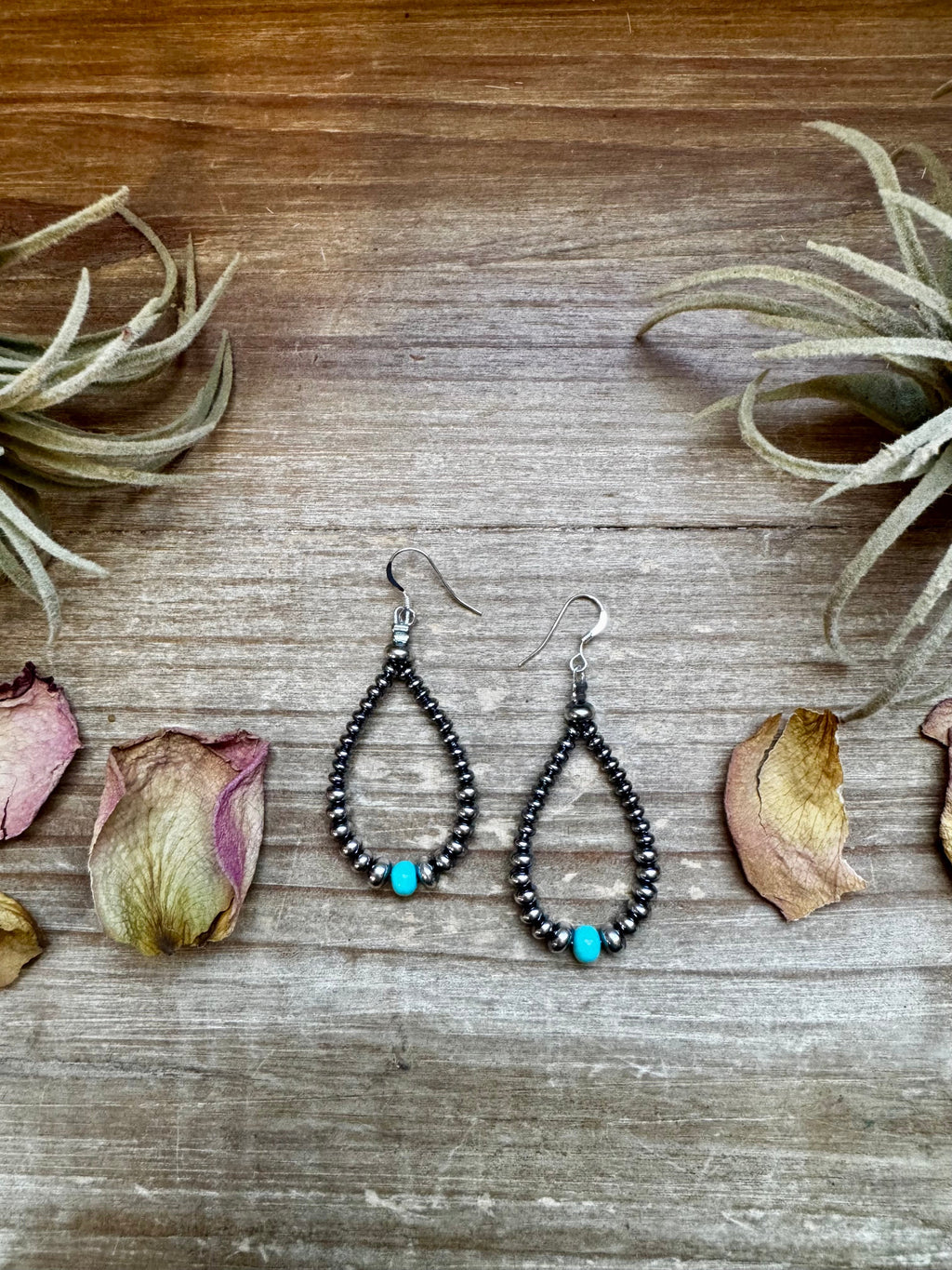 Smaller Sterling saucer Silver Pearls earrings teardrop - With Turquoise