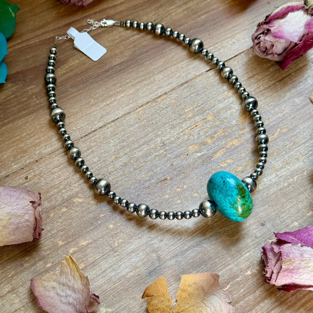 16” Turquoise Statement Necklace – Sterling Silver Pearls