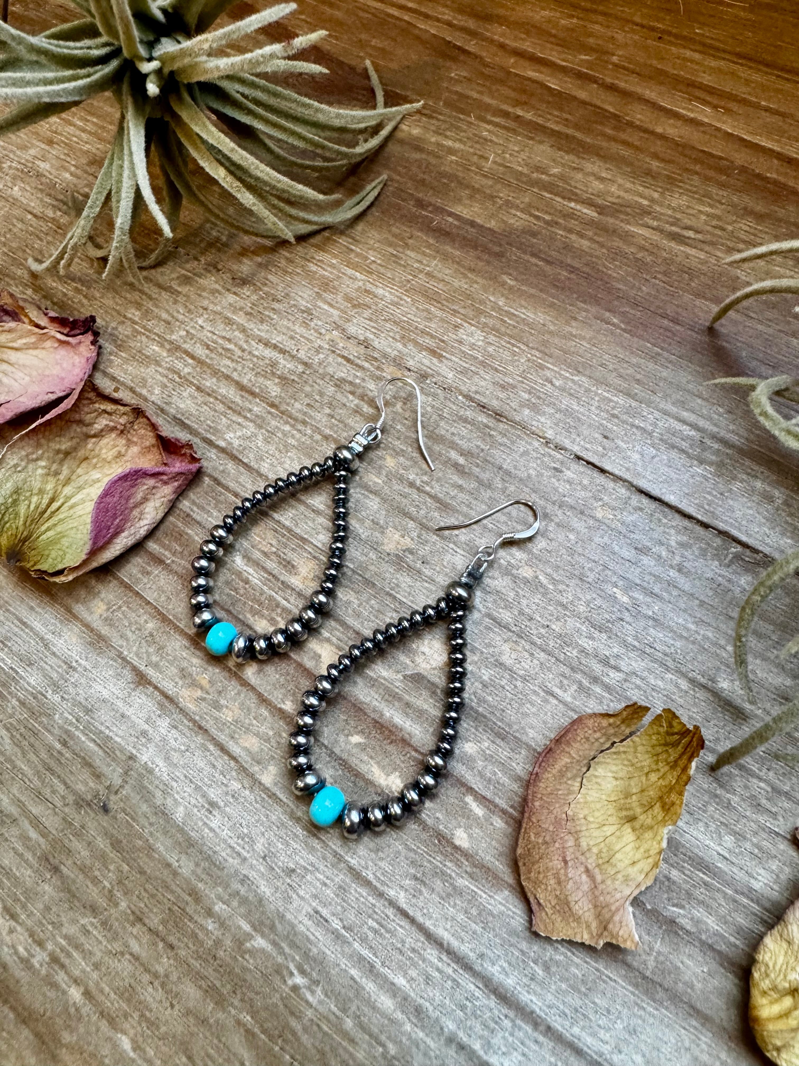 Smaller Sterling saucer Silver Pearls earrings teardrop - With Turquoise