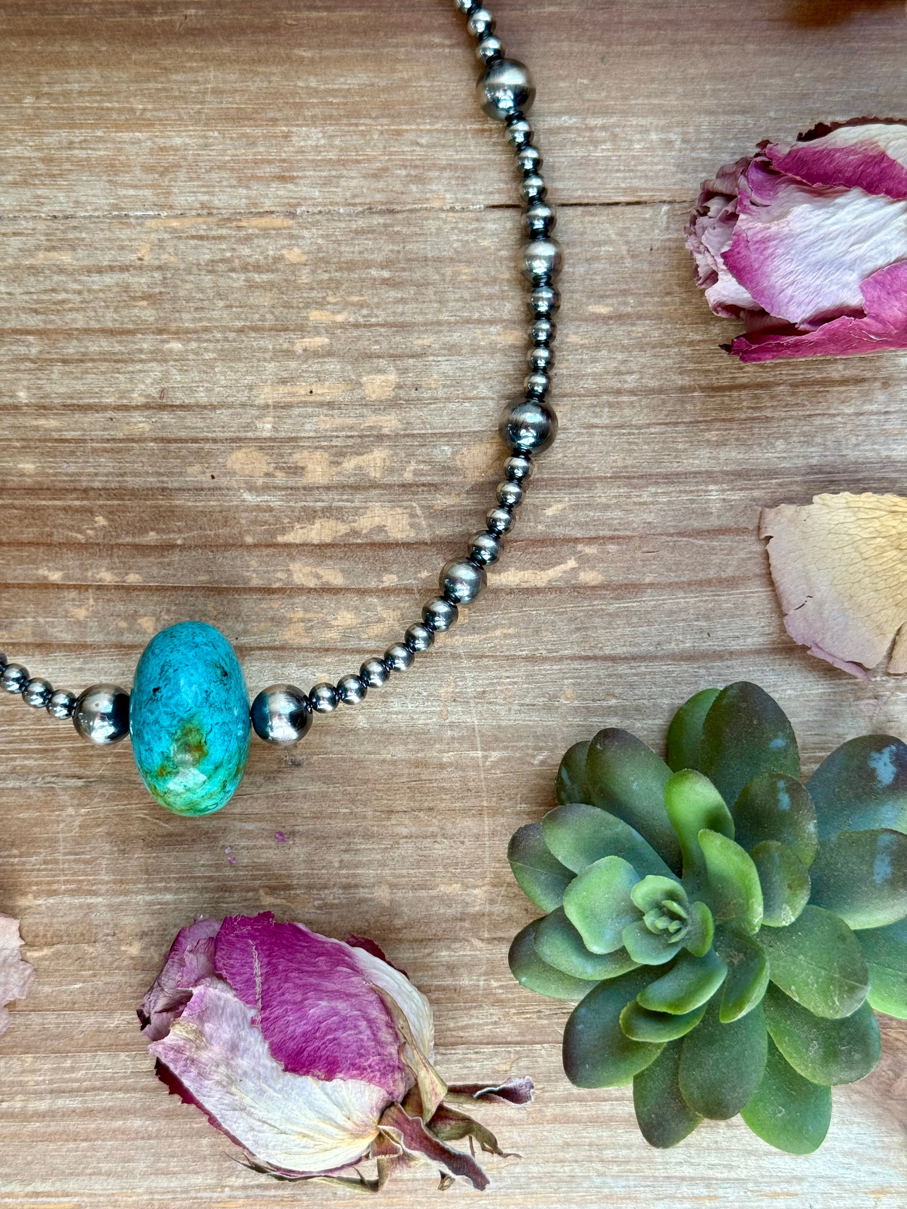 16” Turquoise Statement Necklace – Sterling Silver Pearls