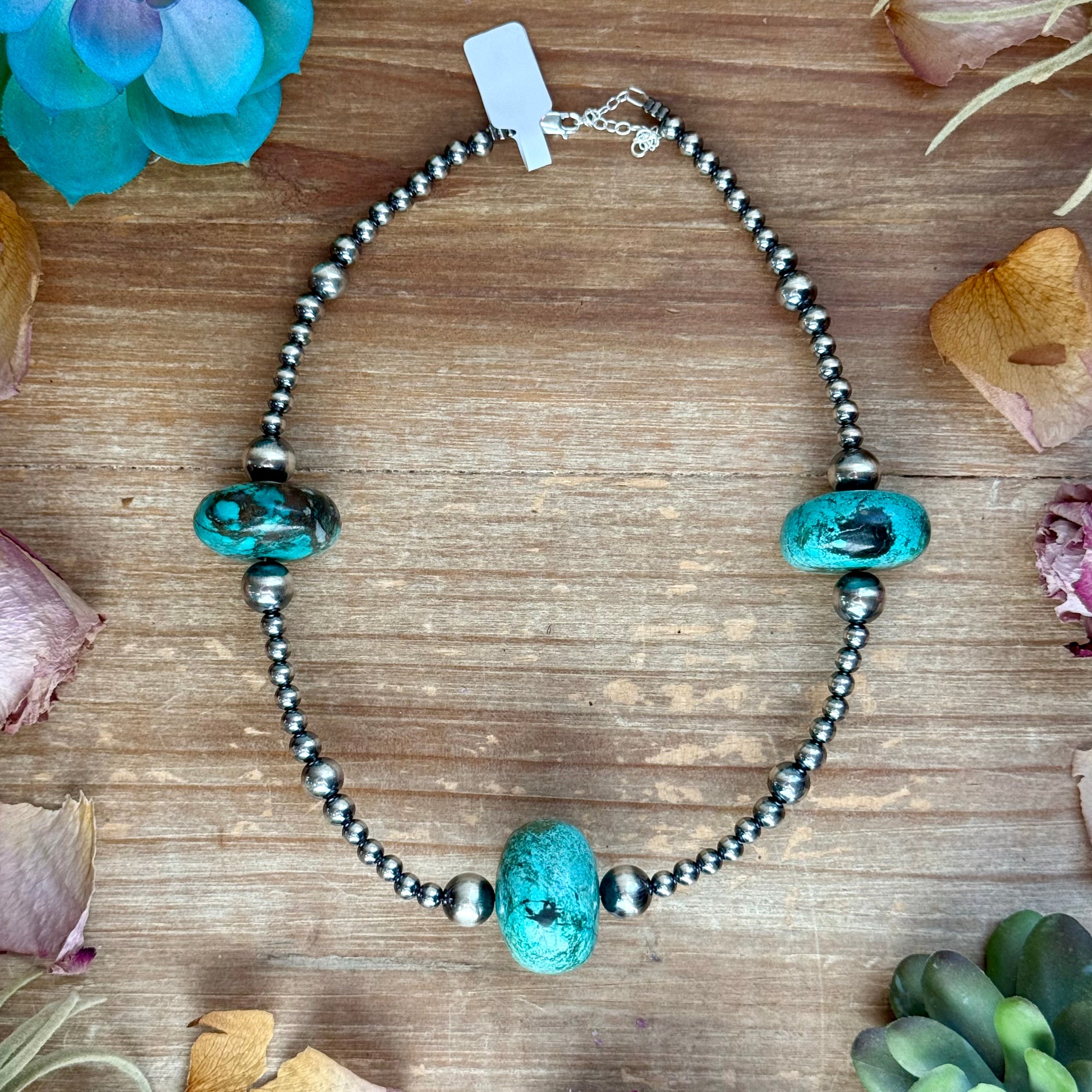 16” Turquoise Rondelle Necklace – Sterling Silver Pearls