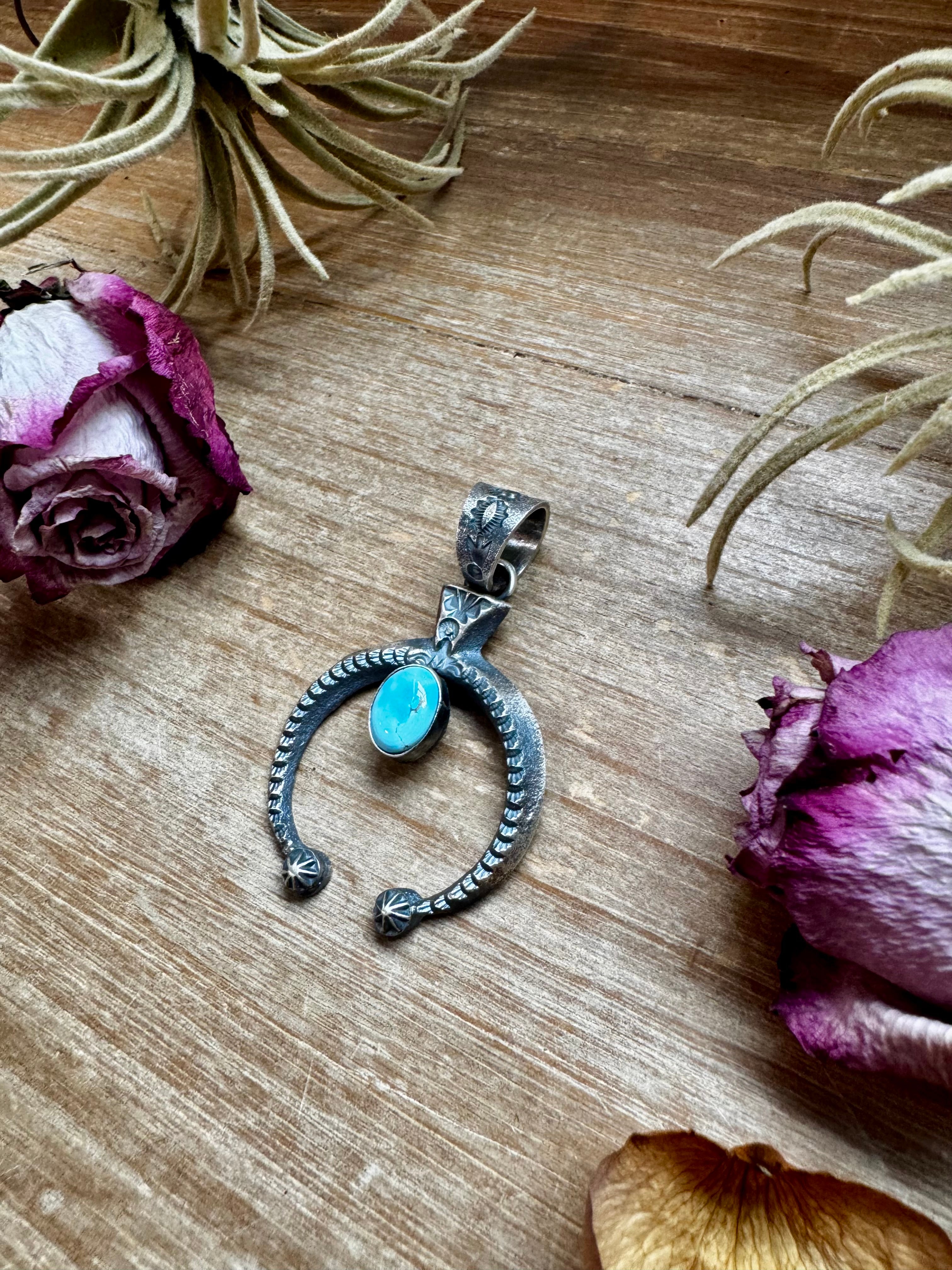 Naja Pendant with Golden Hill Turquoise – Option 2 – Sterling Silver – Native Made by KB – Fits 8mm