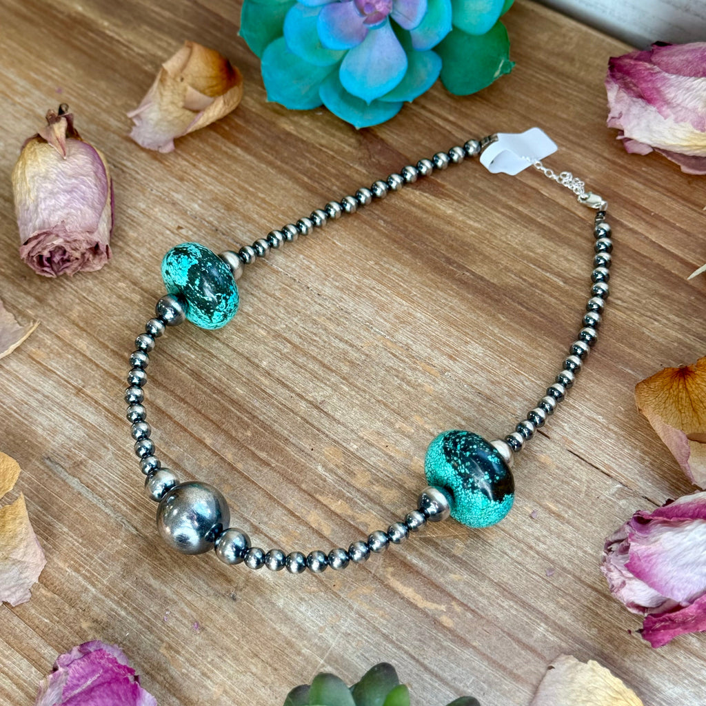 16” Turquoise Rondelle Necklace – Sterling Silver Pearls