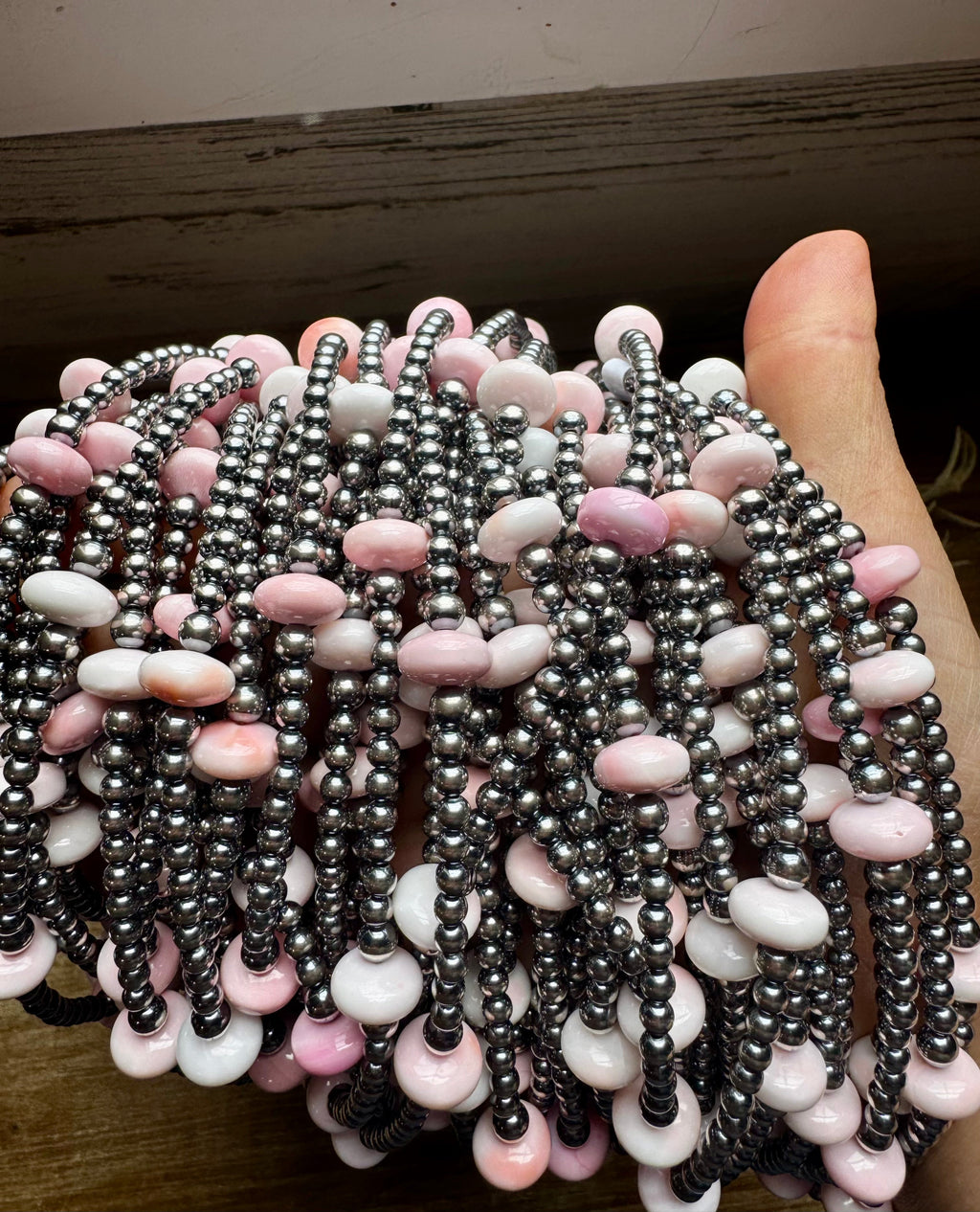 15 Inch Pink Conch Saucer Necklace and Sterling Silver Beads