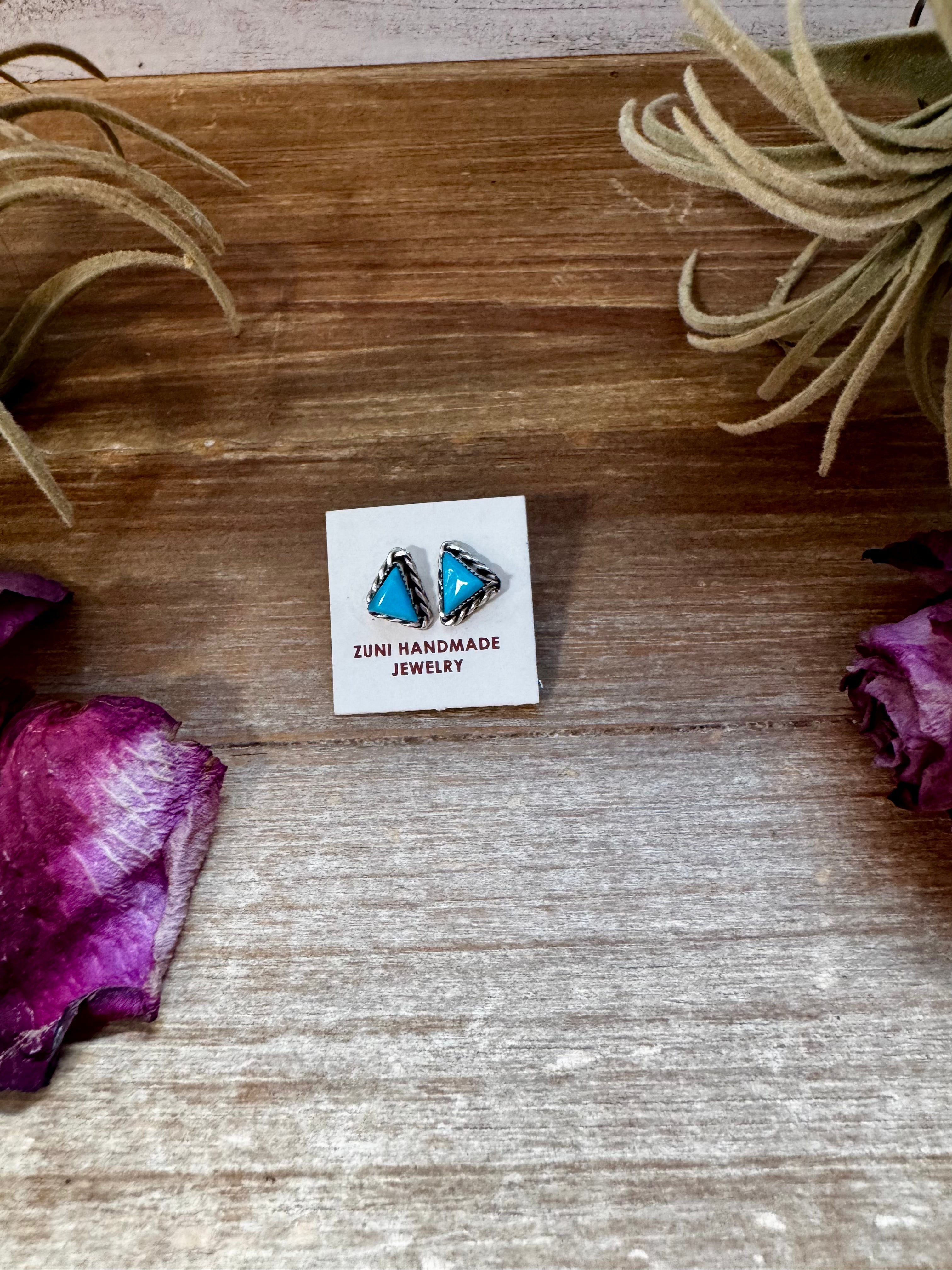 Triangle Kingman Turquoise Stud Earrings – Sterling Silver – Zuni Native Made