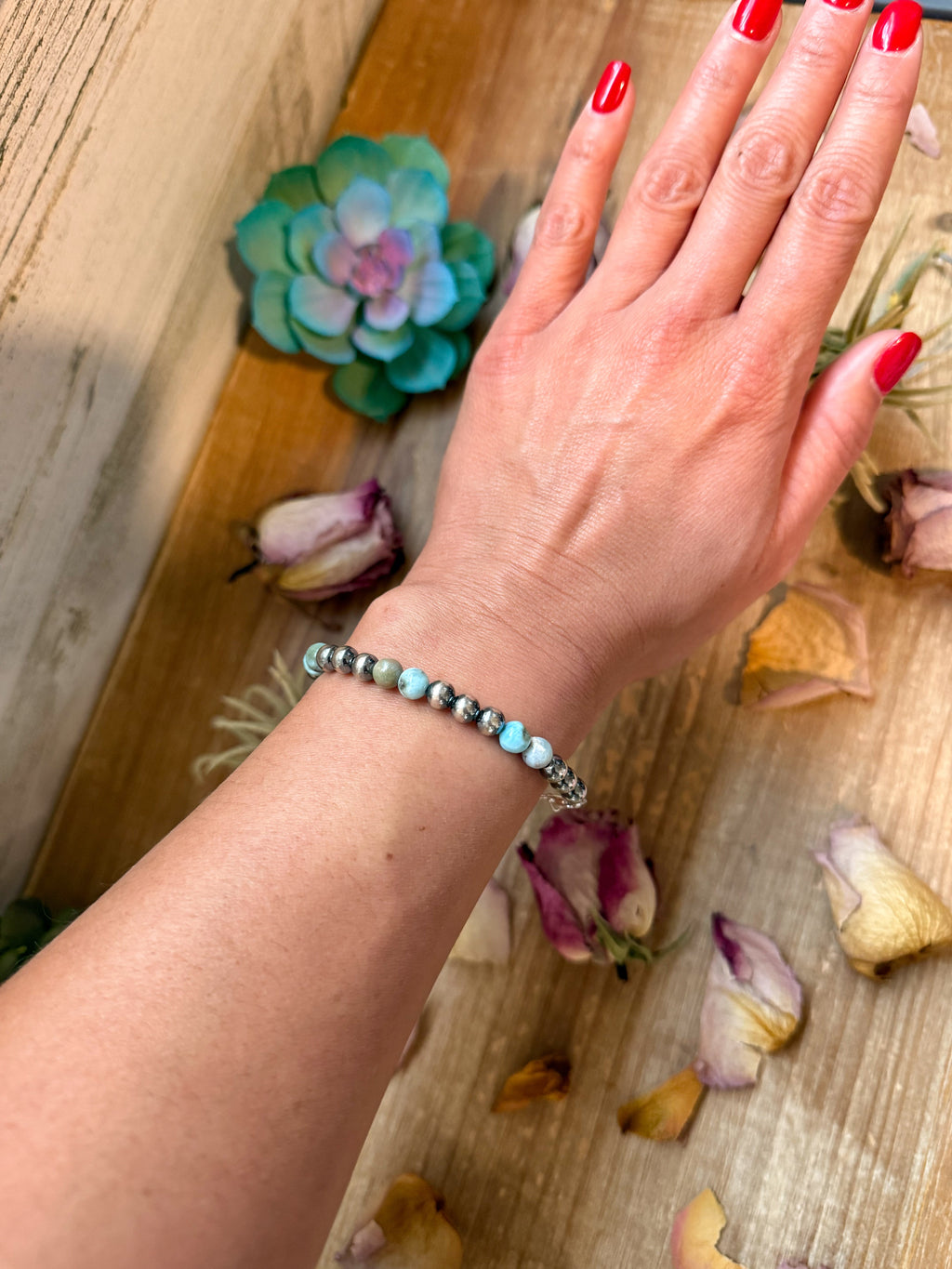 Sterling Silver & Larimar Bracelet  – 6 mm Beads