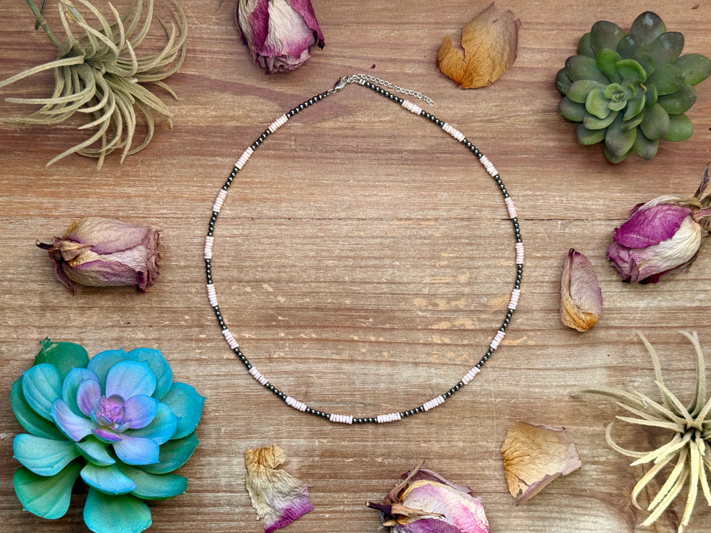 Pink Conch Heishi & 3mm Sterling Silver Pearl Necklace 20 inch