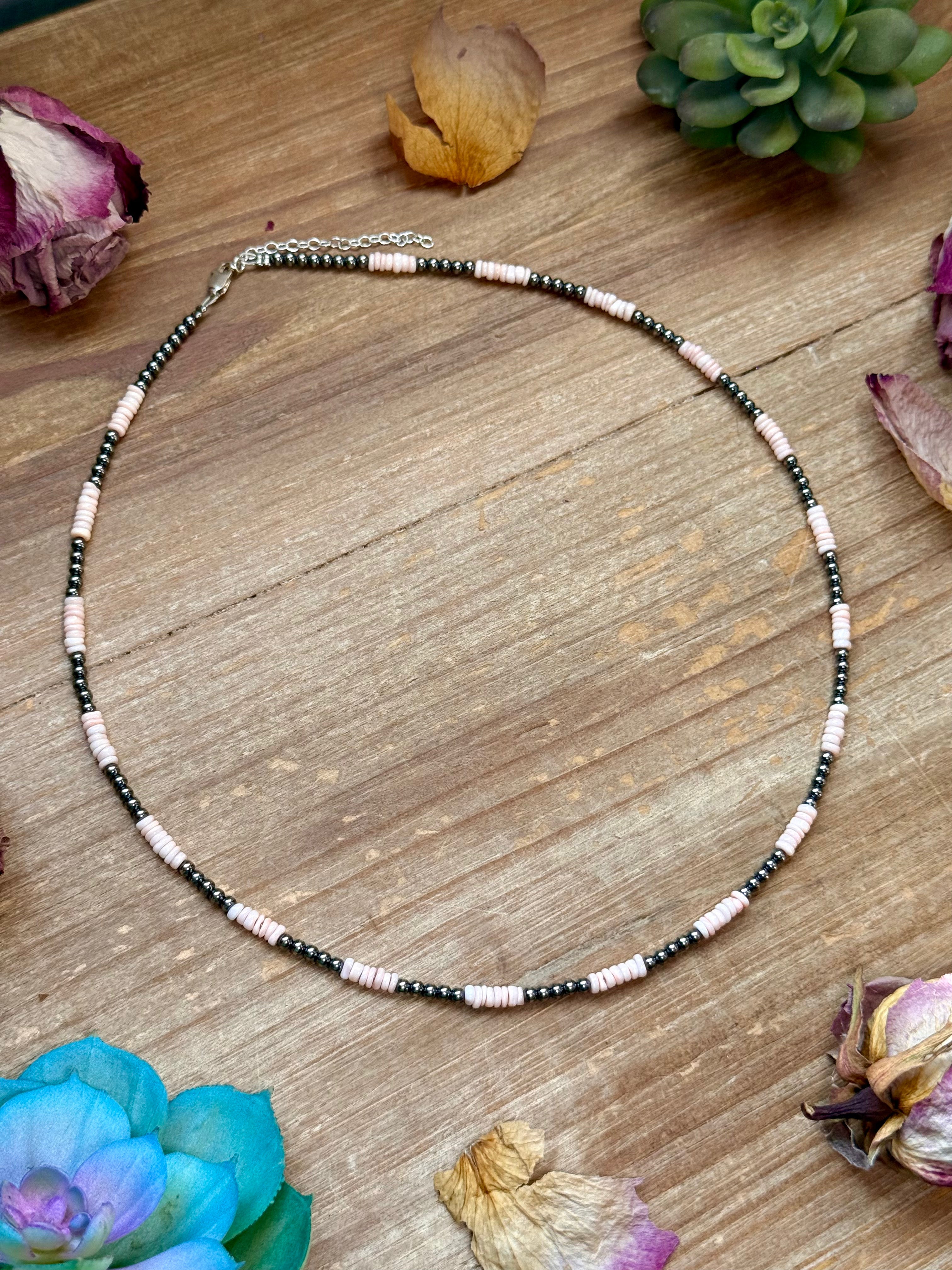 Pink Conch Heishi & 3mm Sterling Silver Pearl Necklace 20 inch