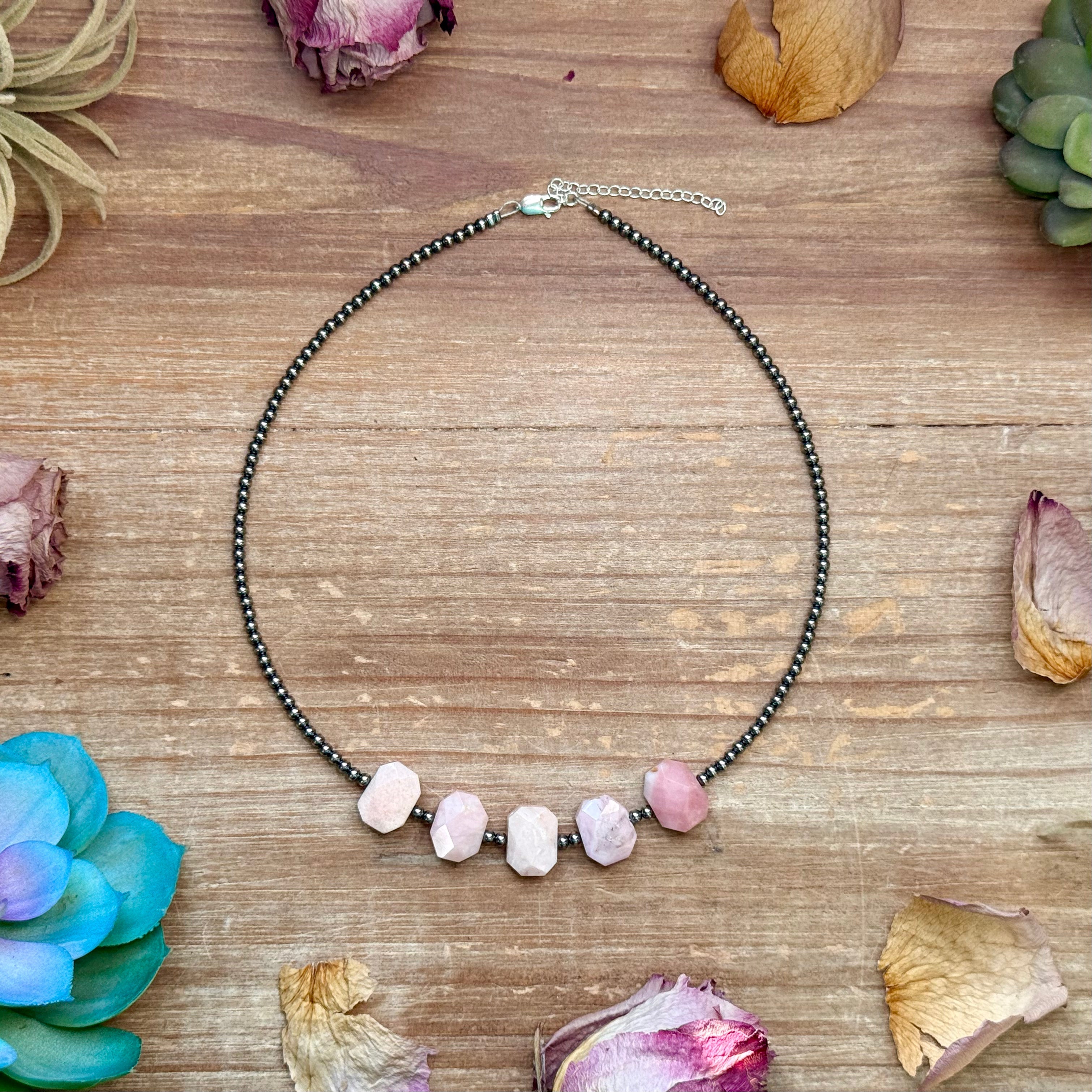 Pink Opal & 3mm Sterling Silver Pearl Necklace