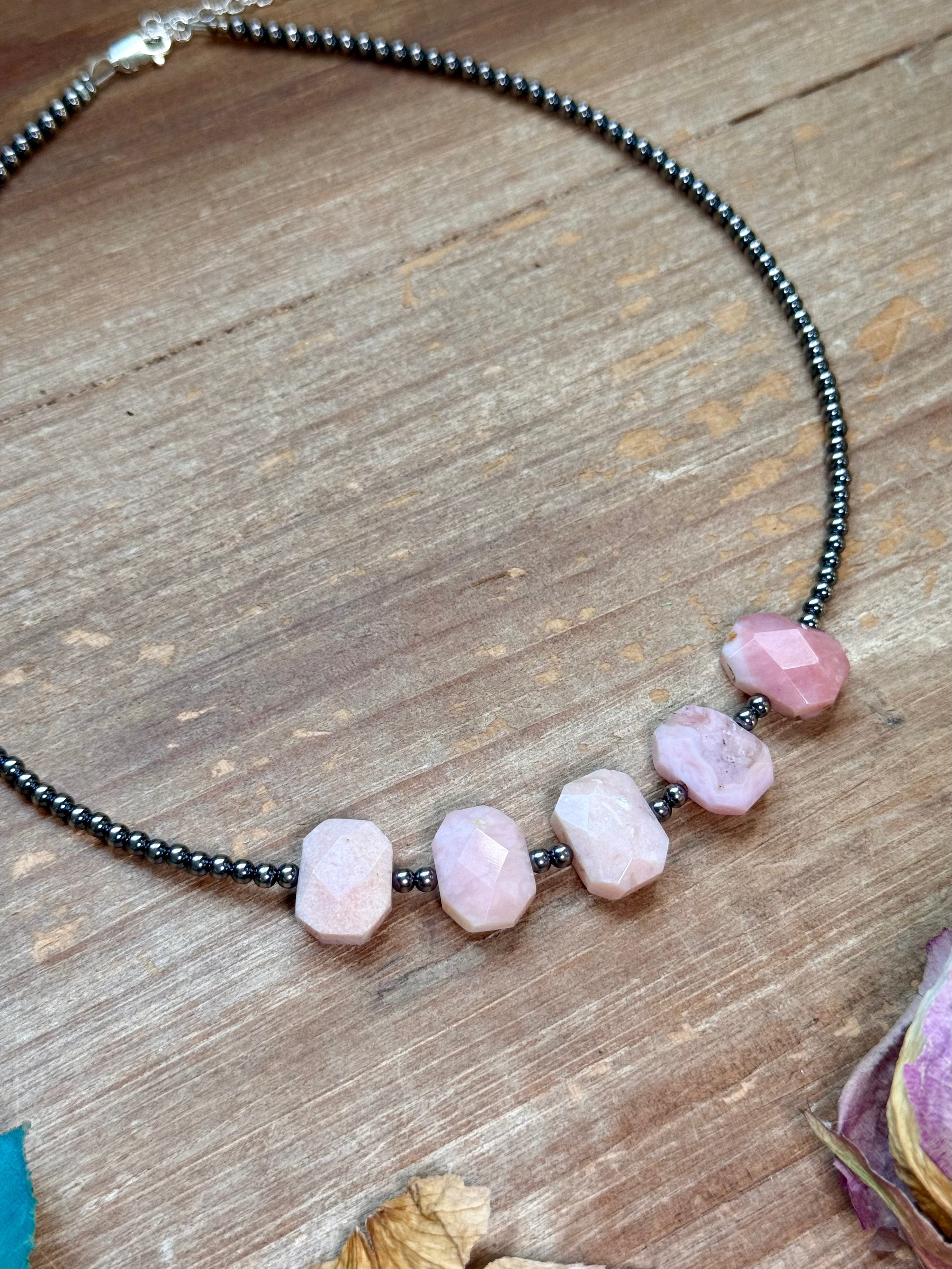 Pink Opal & 3mm Sterling Silver Pearl Necklace