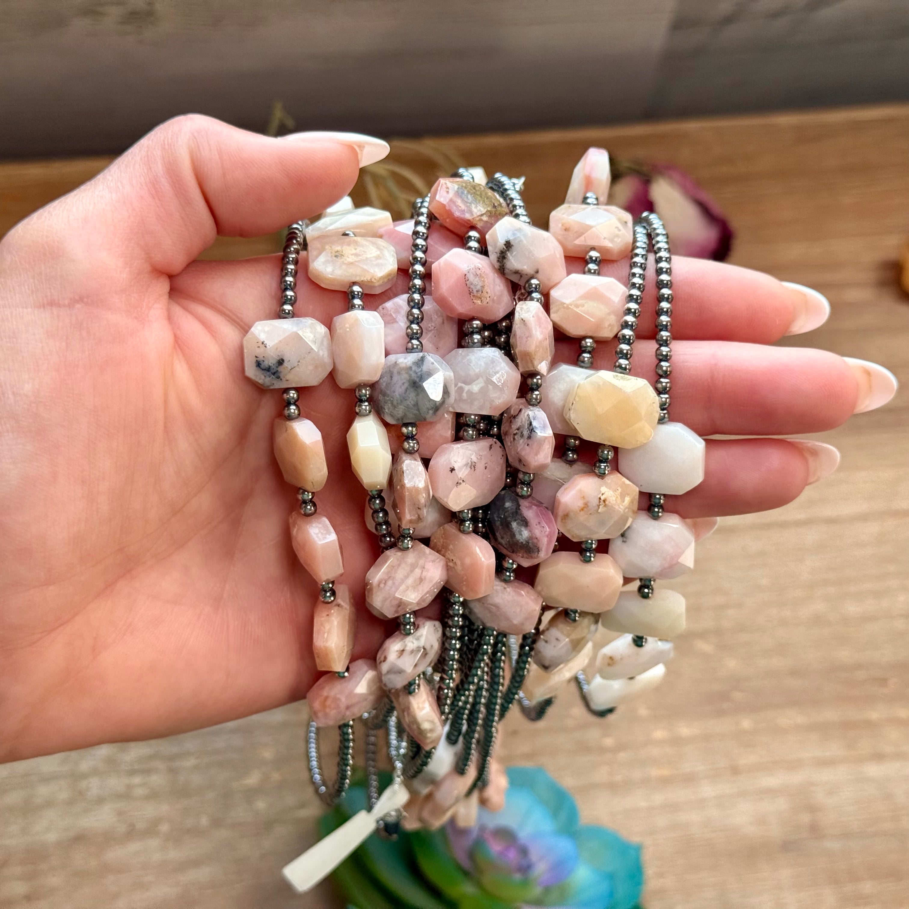 Pink Opal & 3mm Sterling Silver Pearl Necklace