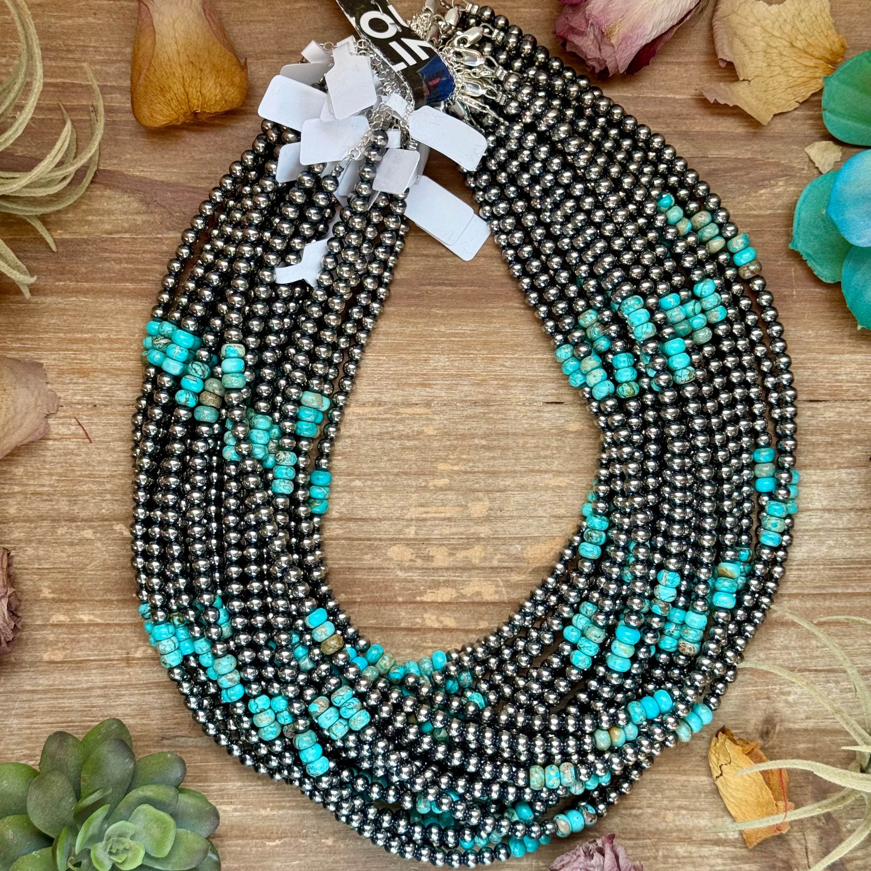 Sterling Silver Pearl Necklace with Turquoise & Variscite Rondelles – 19.5”