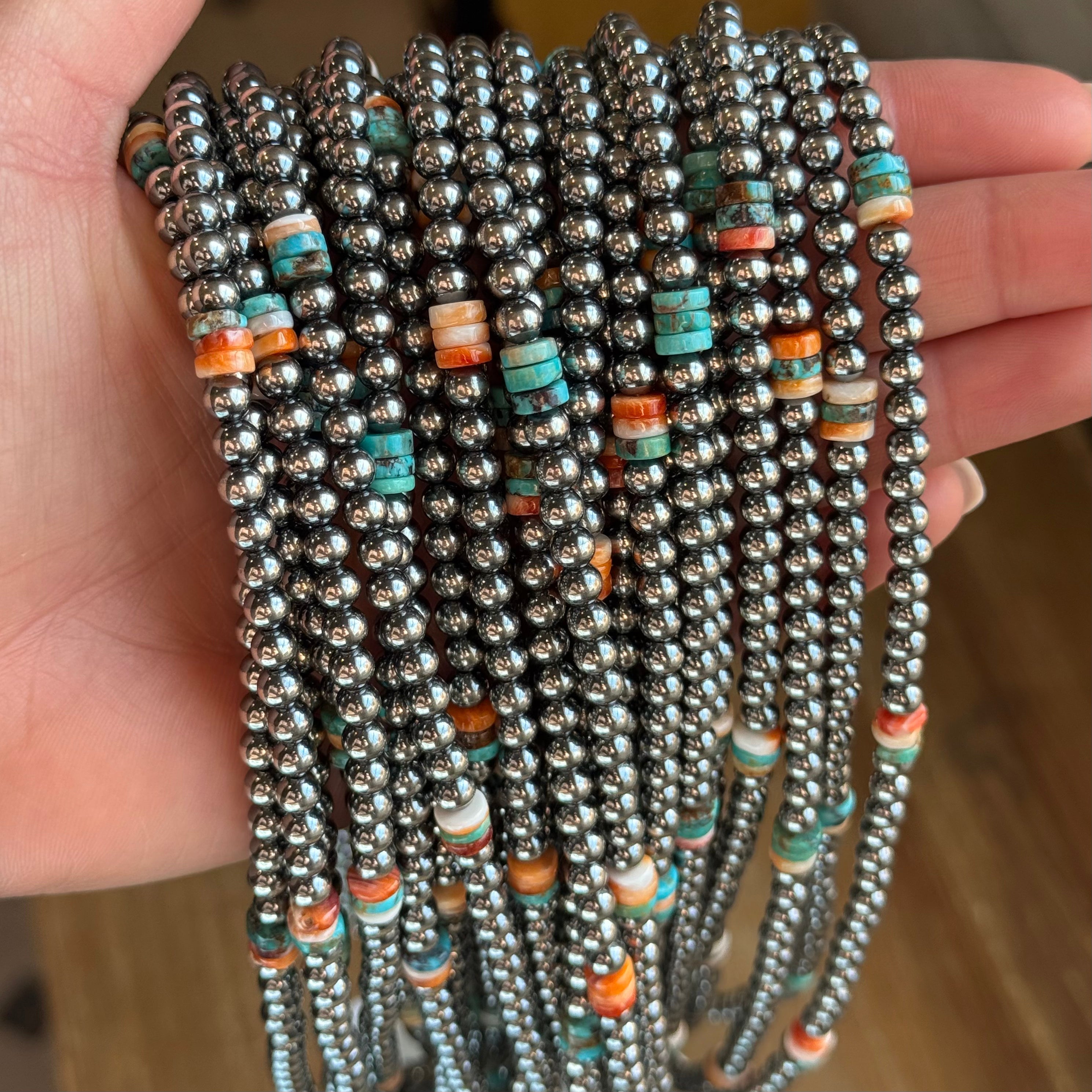 Mixed Turquoise & Spiny Oyster Heishi Necklace – 19”
