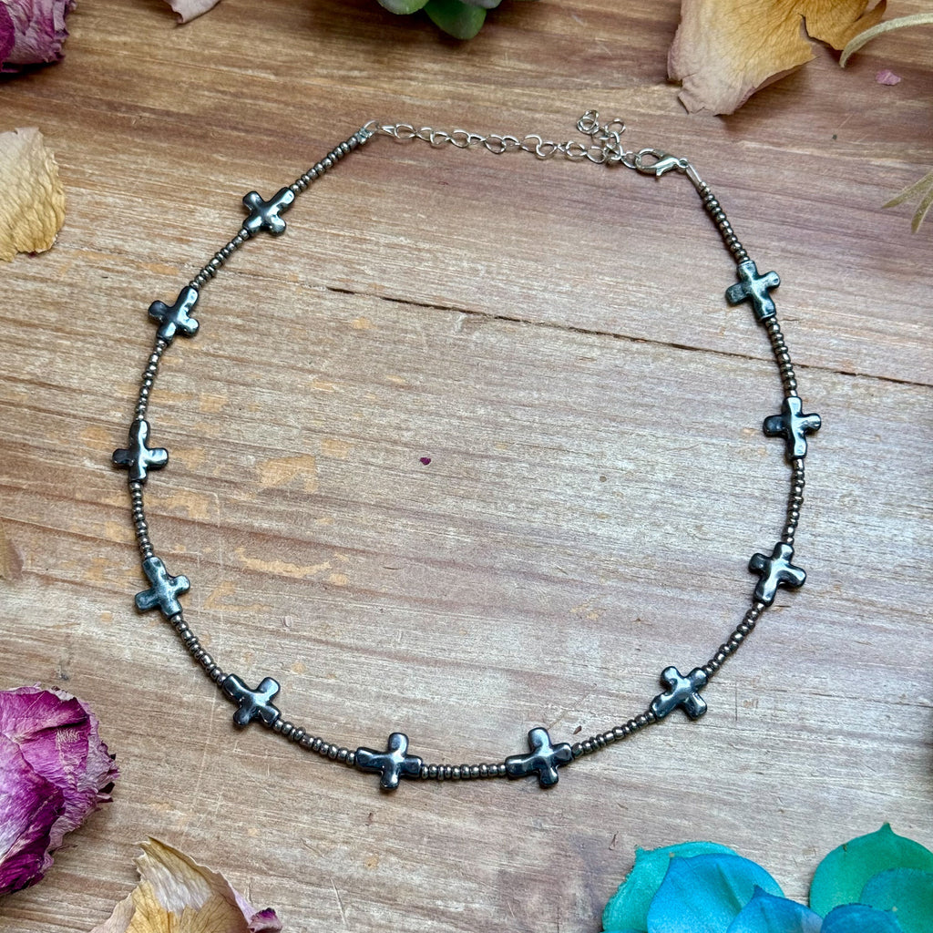15” Cross Necklace – Glass Seed Beads with Silver Plated Cross