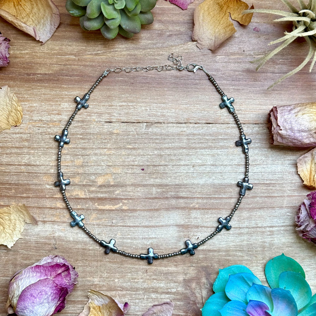 15” Cross Necklace – Glass Seed Beads with Silver Plated Cross
