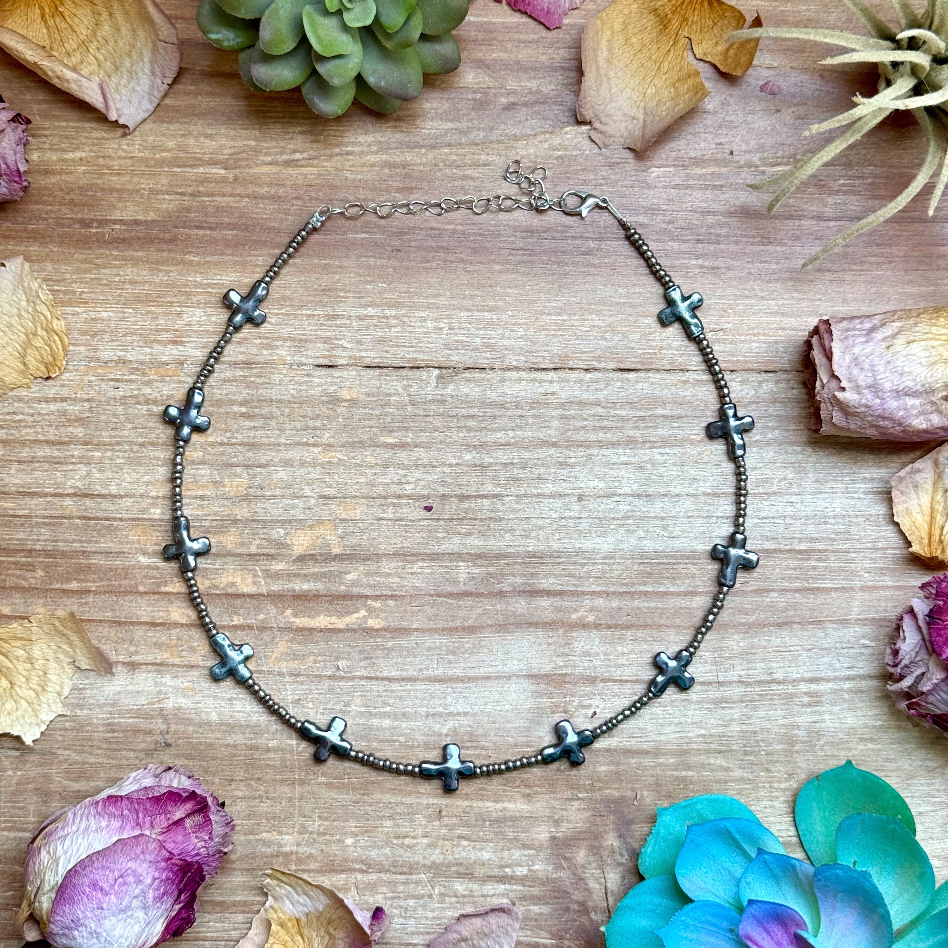 15” Cross Necklace – Glass Seed Beads with Silver Plated Cross