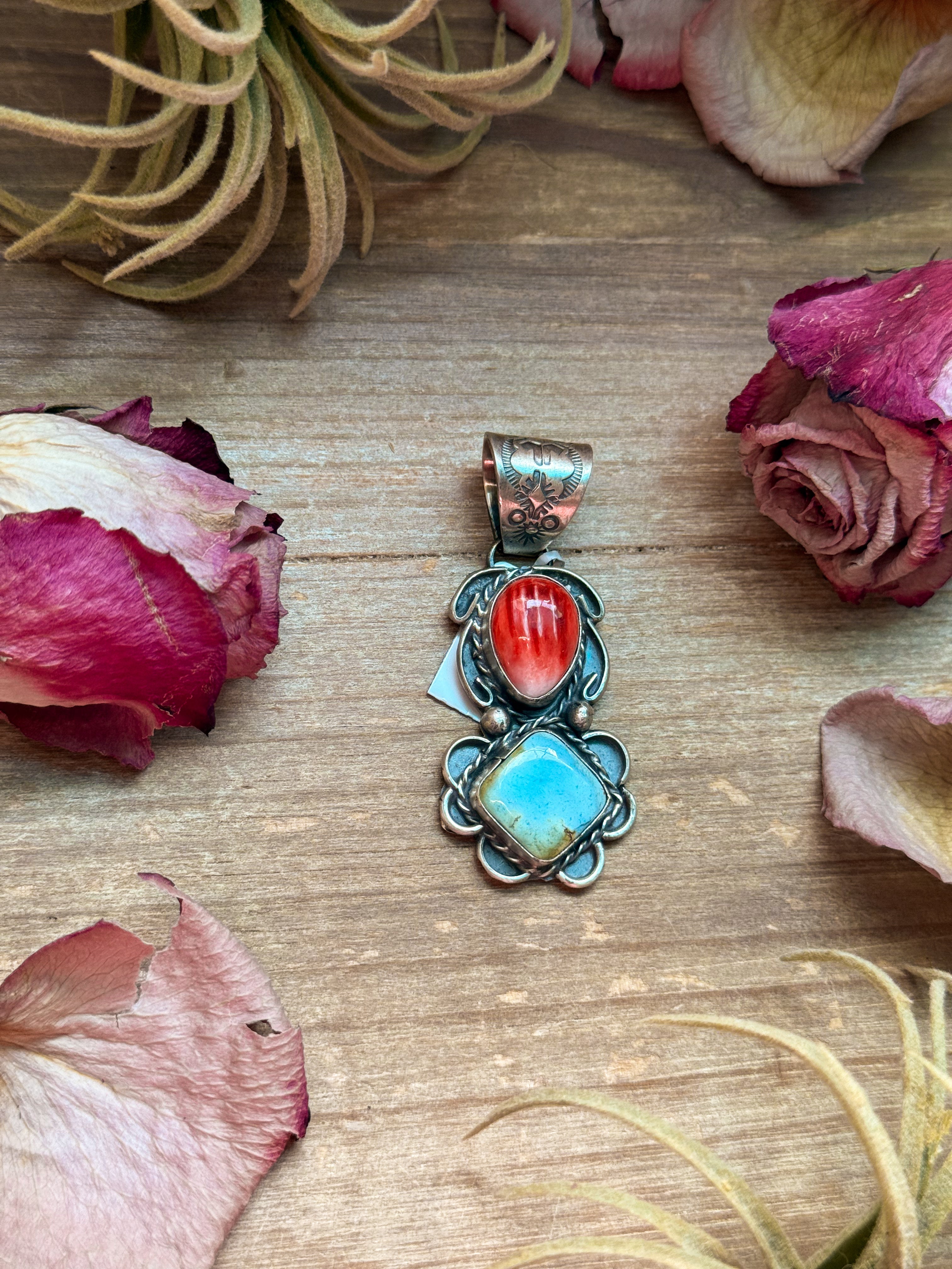 Red Spiny Oyster & Golden Hills Turquoise Sterling Silver Pendant – Stamped Gilbert Nez