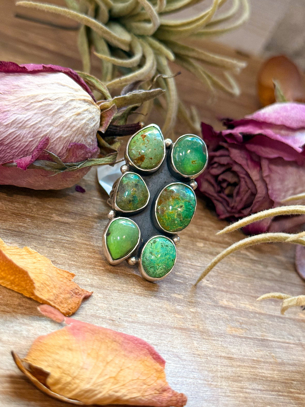 Green Turquoise Sterling Silver Cluster Ring – Size 6