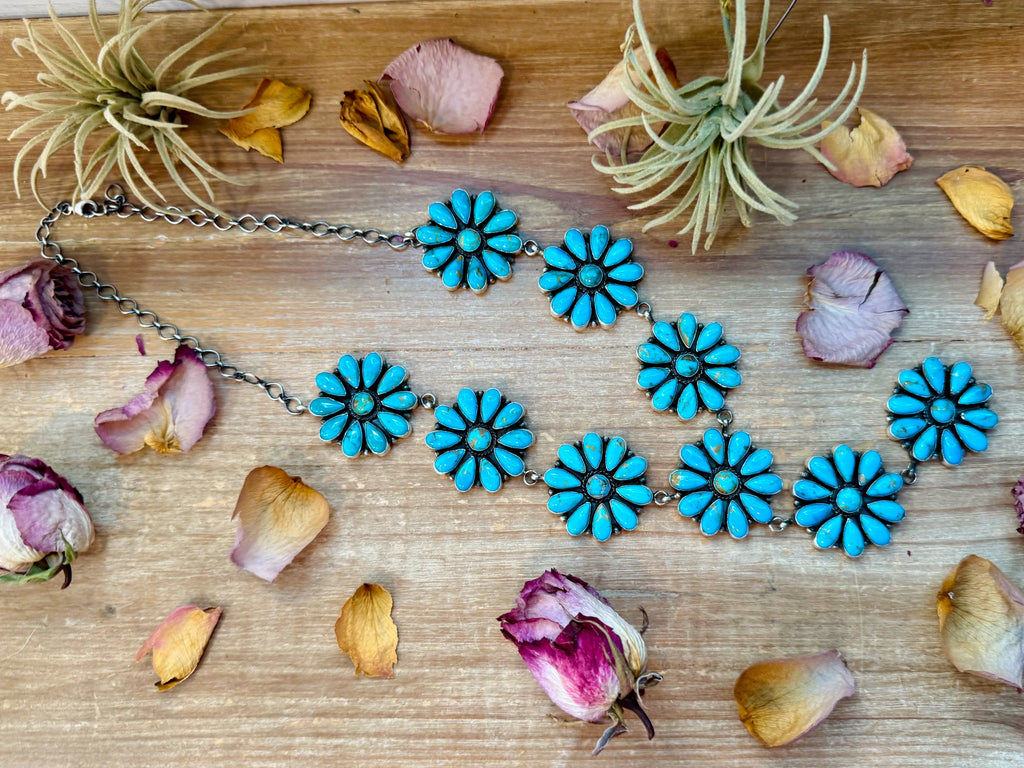 Sterling Silver Kingman Turquoise Flower Lariat Necklace – 25 Inch + 5½ Inch Drop – Native Made by A. Spencer – USA Made