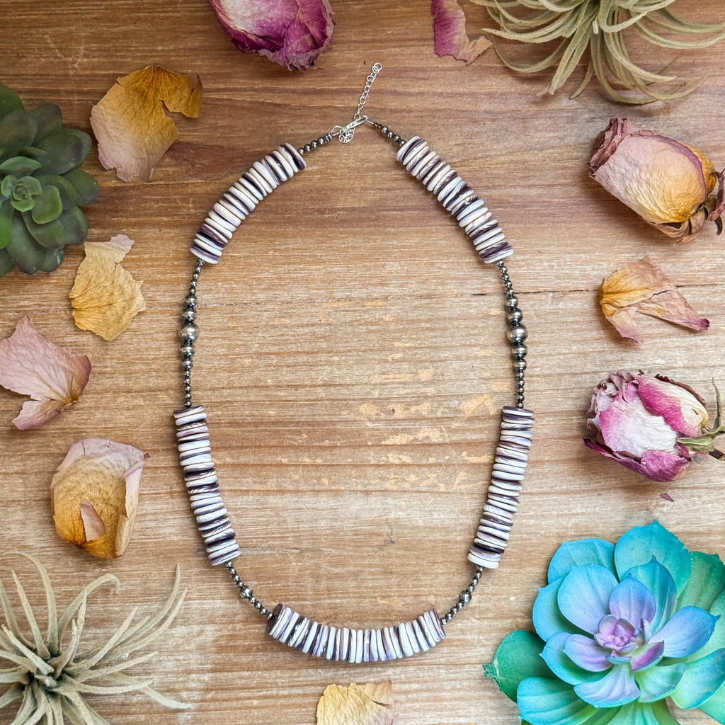 19.5” Wampum Shell Necklace – 3–8mm Sterling Silver Pearls