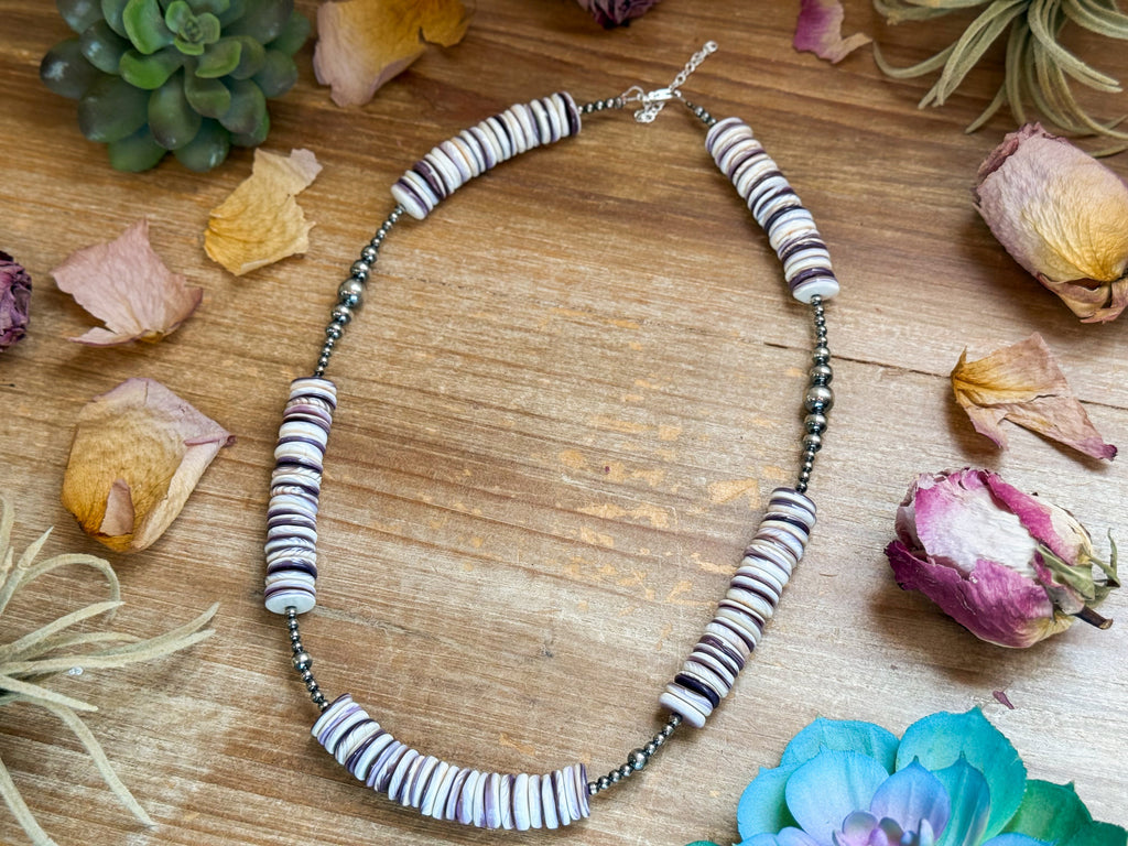 19.5” Wampum Shell Necklace – 3–8mm Sterling Silver Pearls