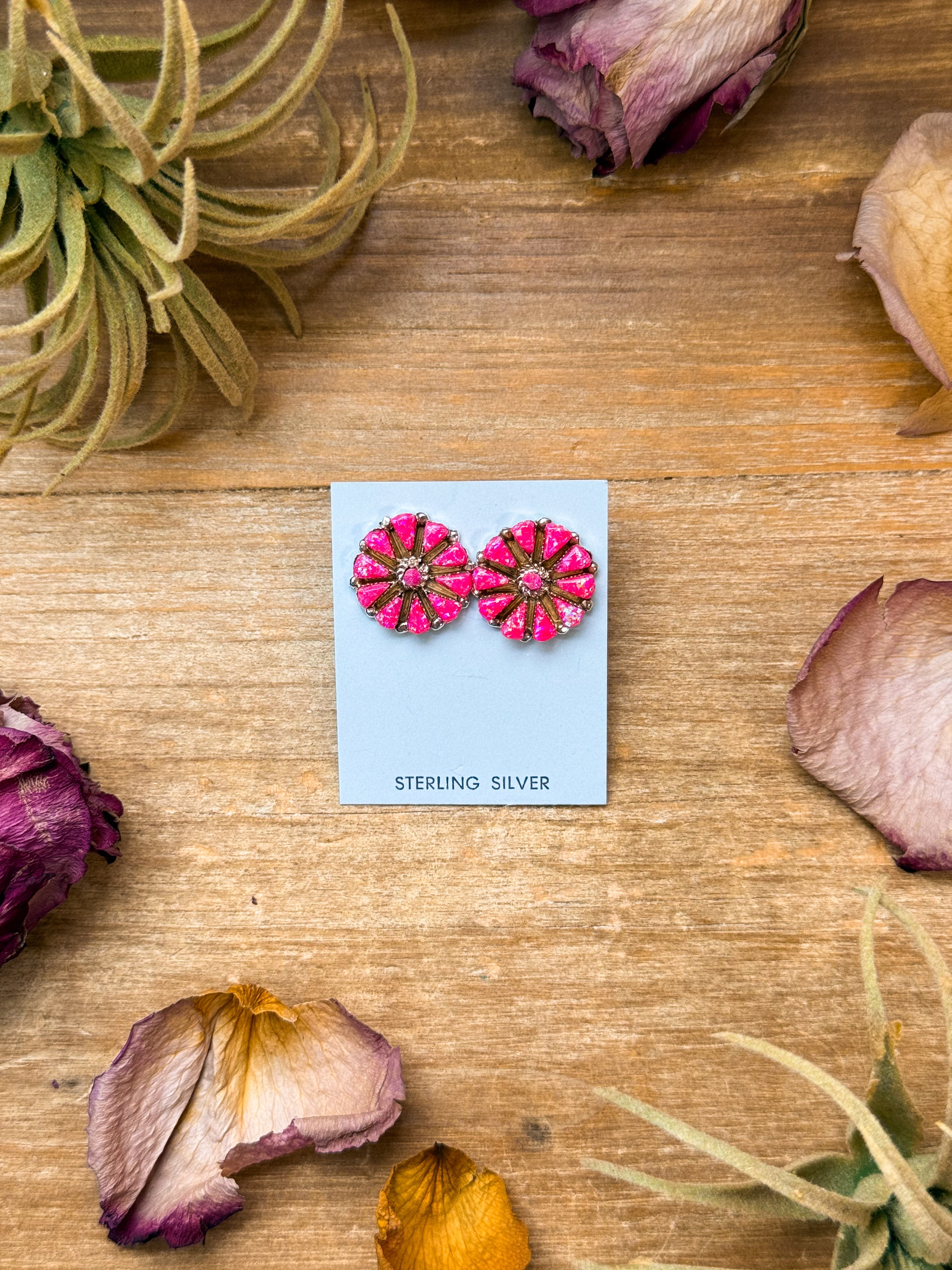 Sterling Silver Pink Opal Cluster Earrings