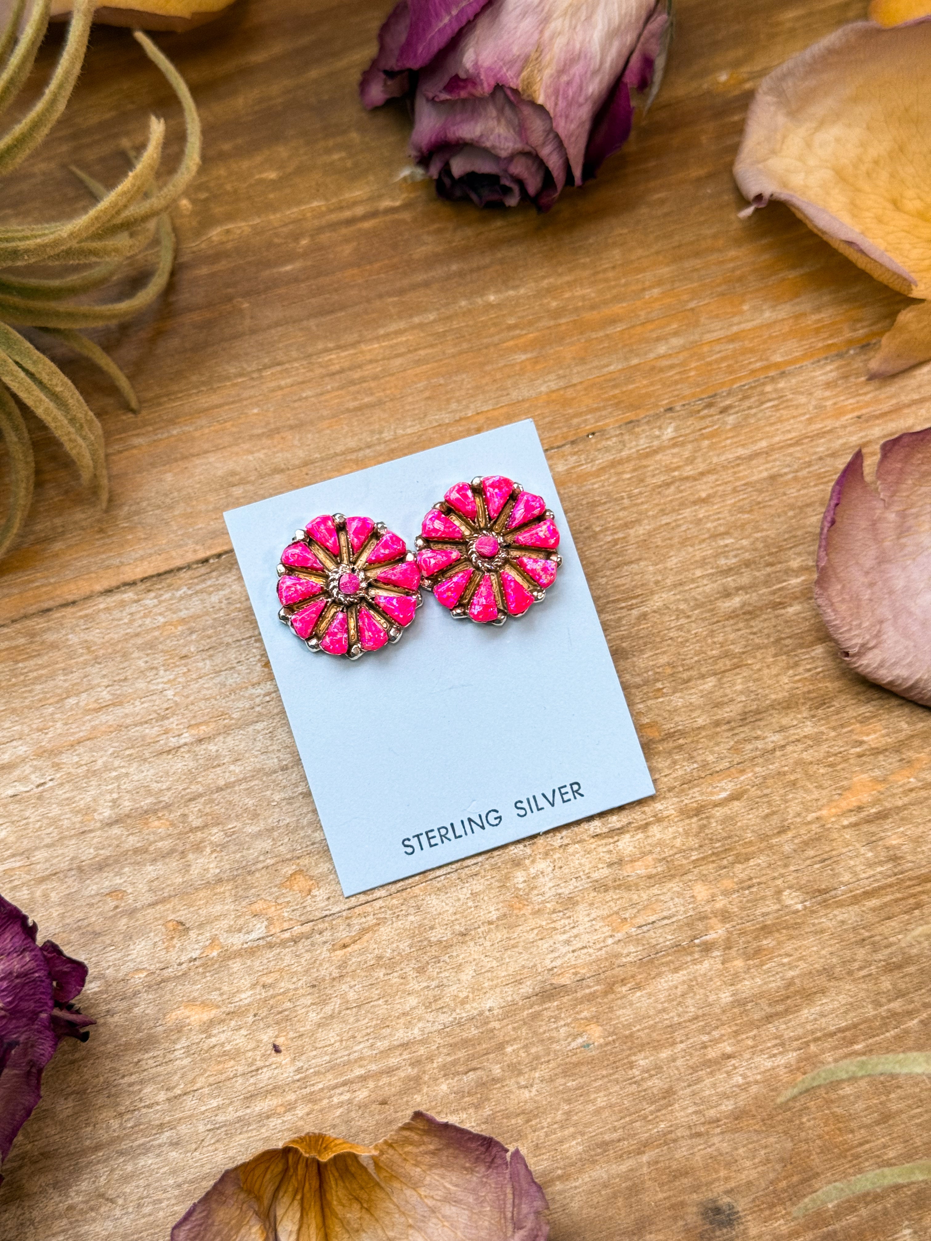 Sterling Silver Pink Opal Cluster Earrings