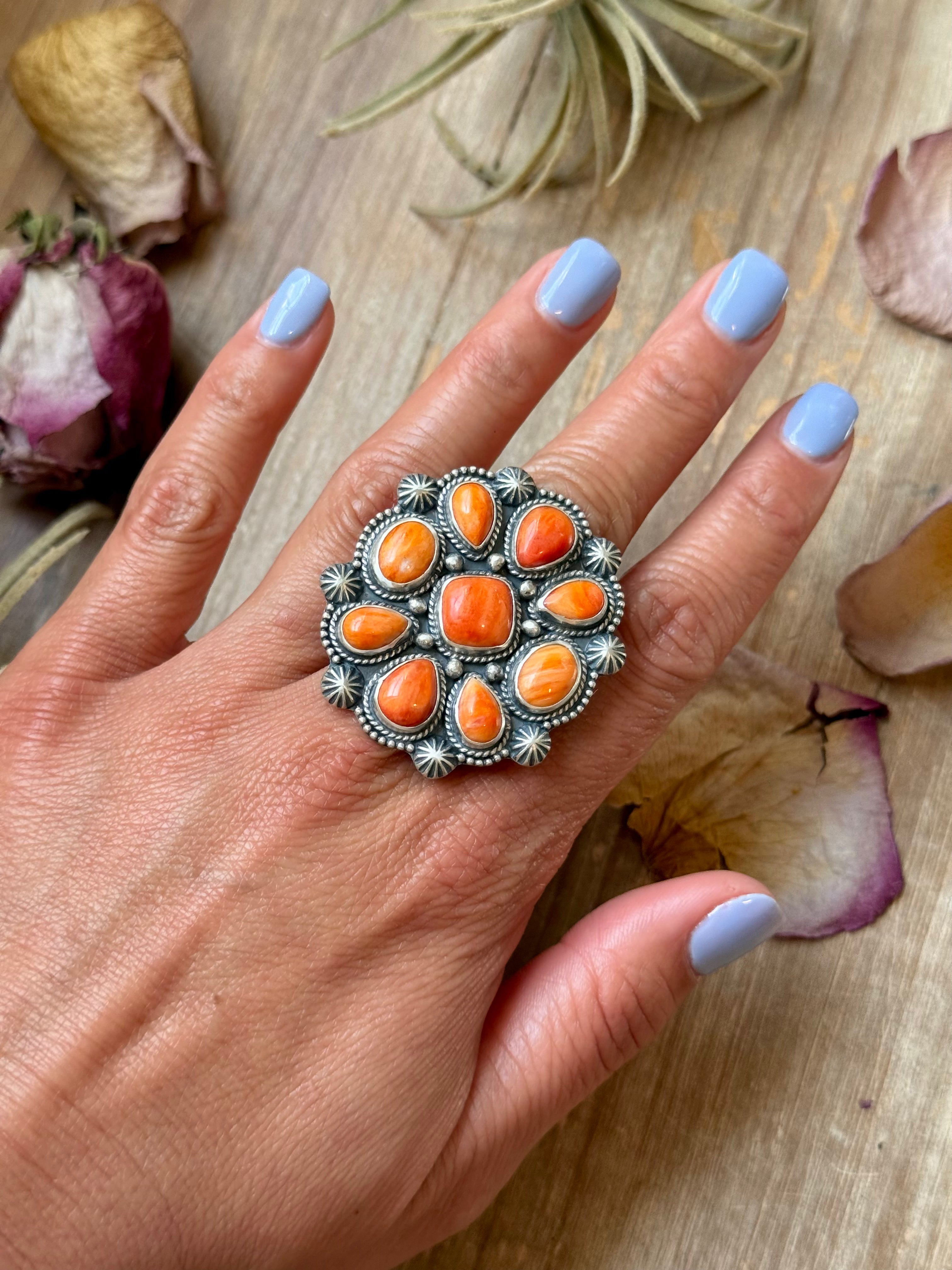 Sterling Silver Orange Spiny Oyster Mosaic Cluster Ring Size 7.5, Artist Shay Pfeiffer